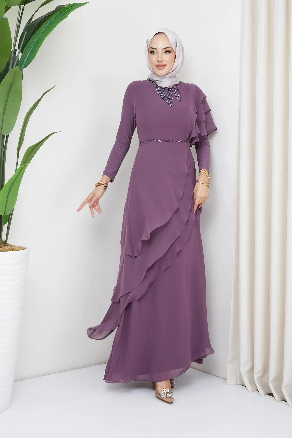 Olcay  Abendkleid aus Chiffon mit Hijab und Perlenverzierung, LILA 1652
