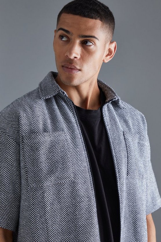 Kurzärmliges kastiges Oversize Jacquard-Hemd
