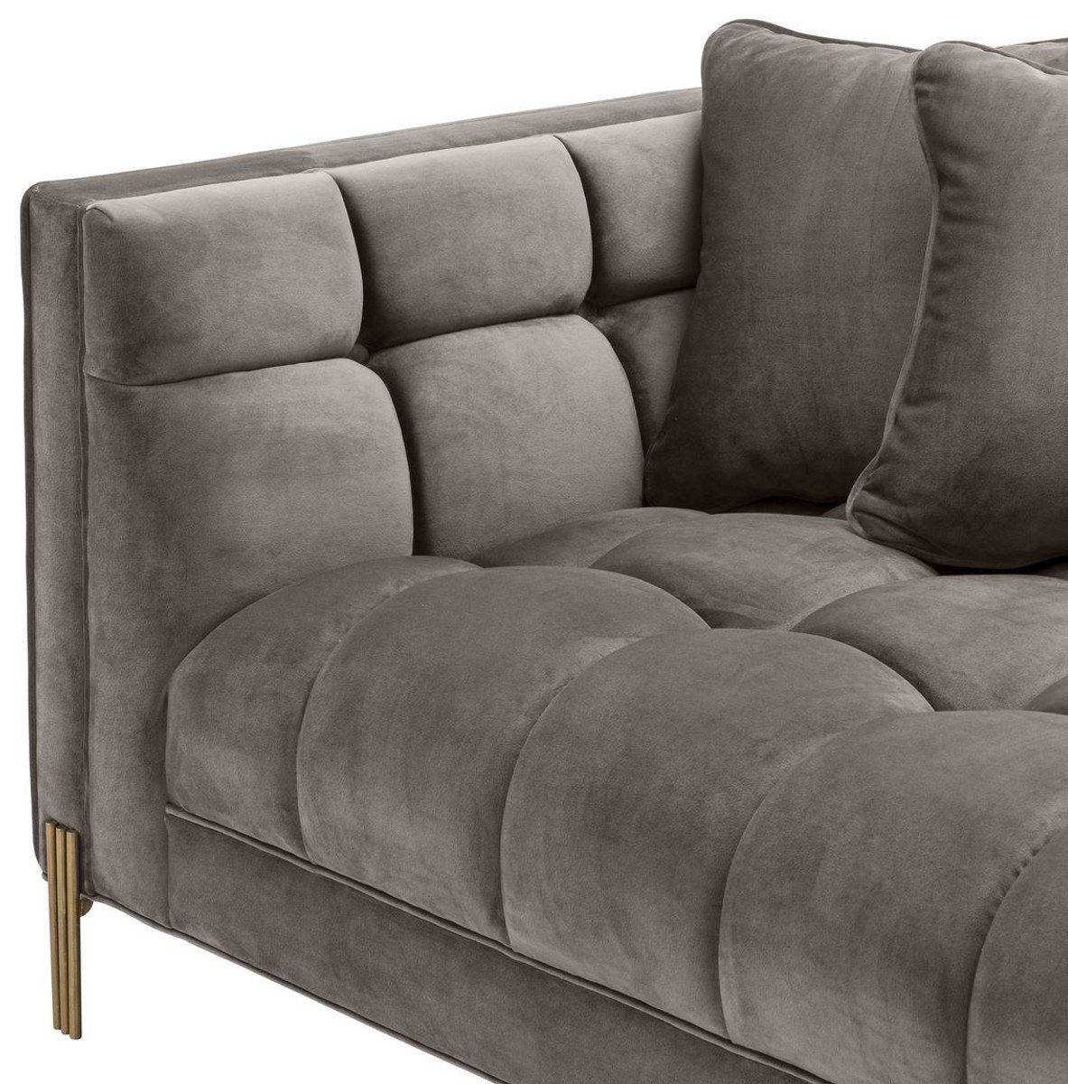 Casa Padrino Loungesofa Luxus Lounge Sofa Grau - Greige / Messingfarben 223 x 95 x H. 68 cm - Linksseitiges Wohnzimmer Sofa mit edlem Samtsoff und 2 Kissen