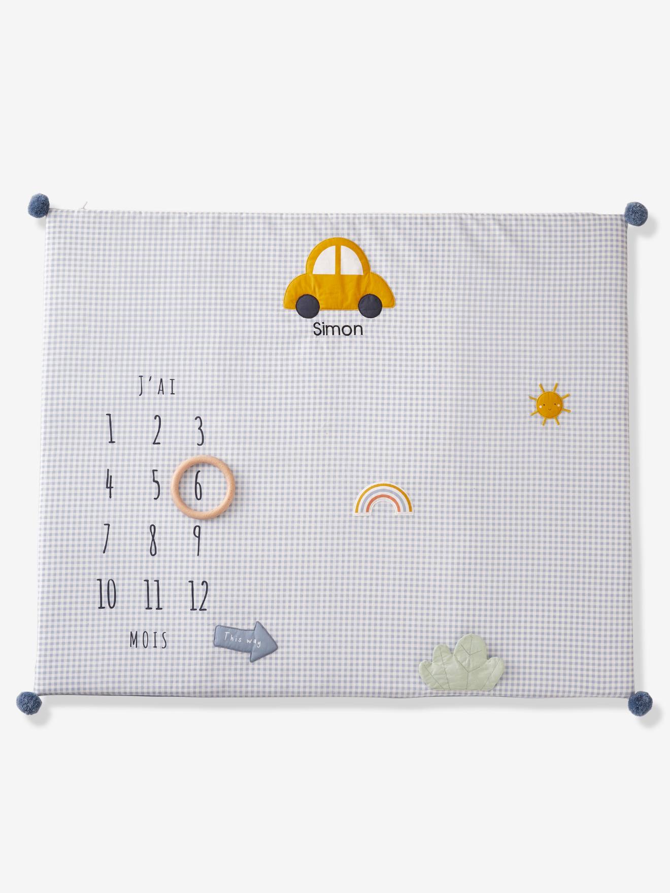 Vertbaudet Baby Meilenstein-Decke aus Musselin SIMONS AUTO, personalisierbar - blau