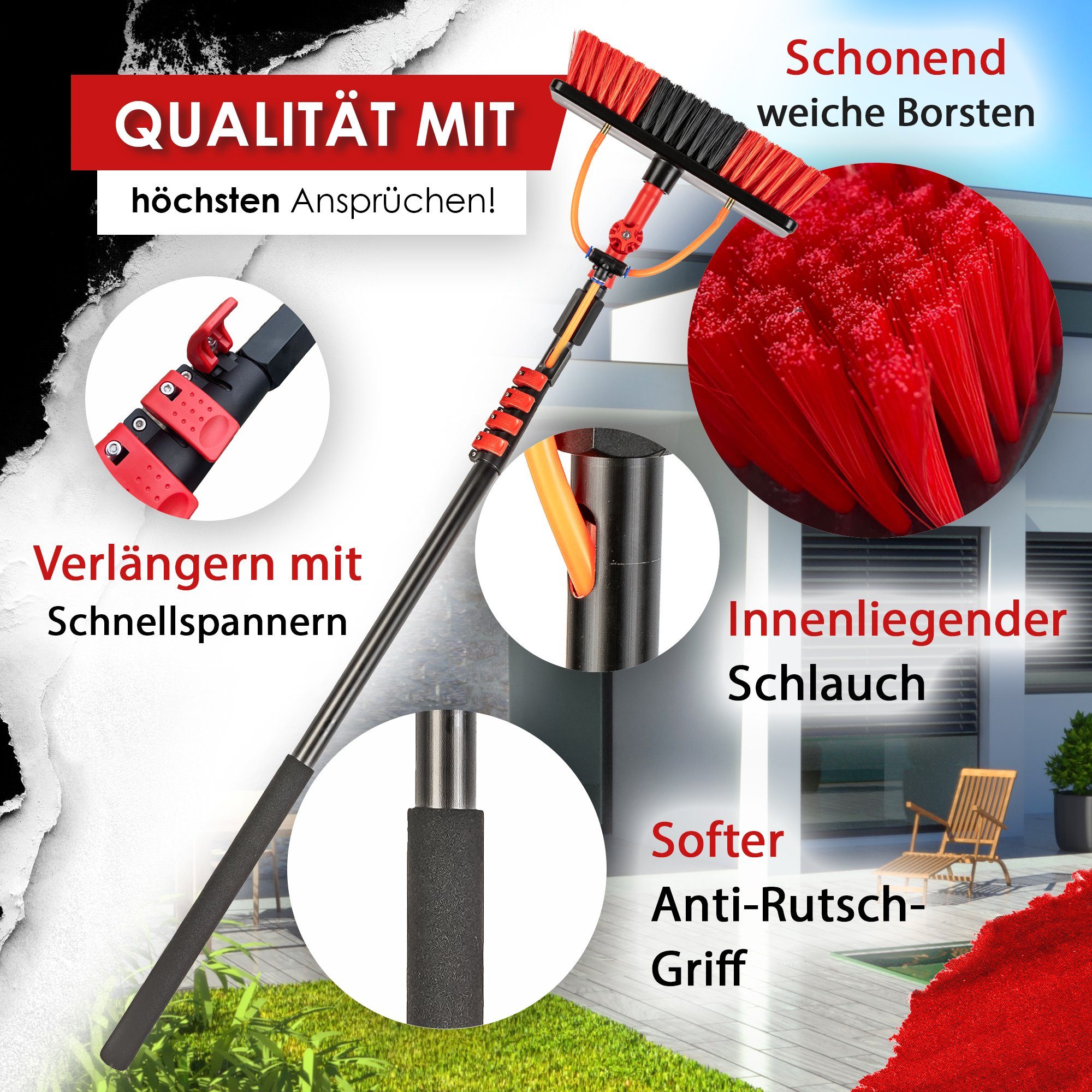 BoomDing Reinigungsbürste Teleskopstange mit Wasseranschluss 4,6 oder 7 Meter mit Bürste, Reinigung von, PV Anlage, Wintergarten, Terrasse, Solaranlage, Photovoltaik, (Solaranlage reinigen), Innenliegender Schlauch