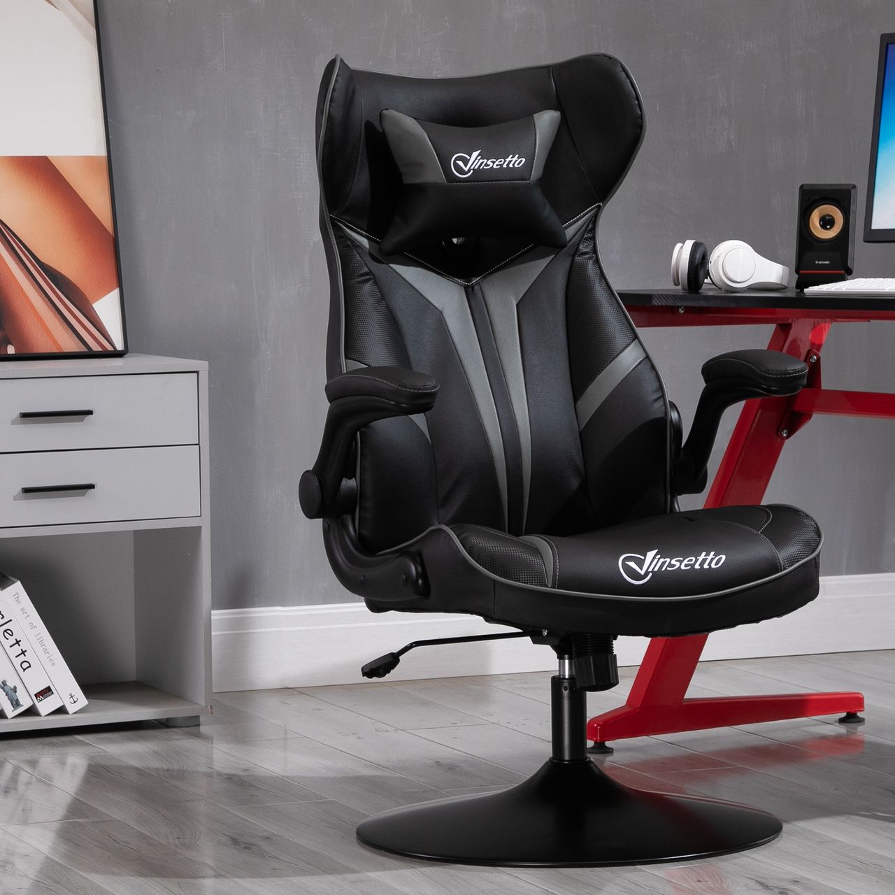 Vinsetto Gaming Stuhl Ergonomischer Computerstuhl mit Wippenfunktion Drehstuhl höhenverstellbar Stahl Schwarz Grau 67 x 75 x 106-112 cm