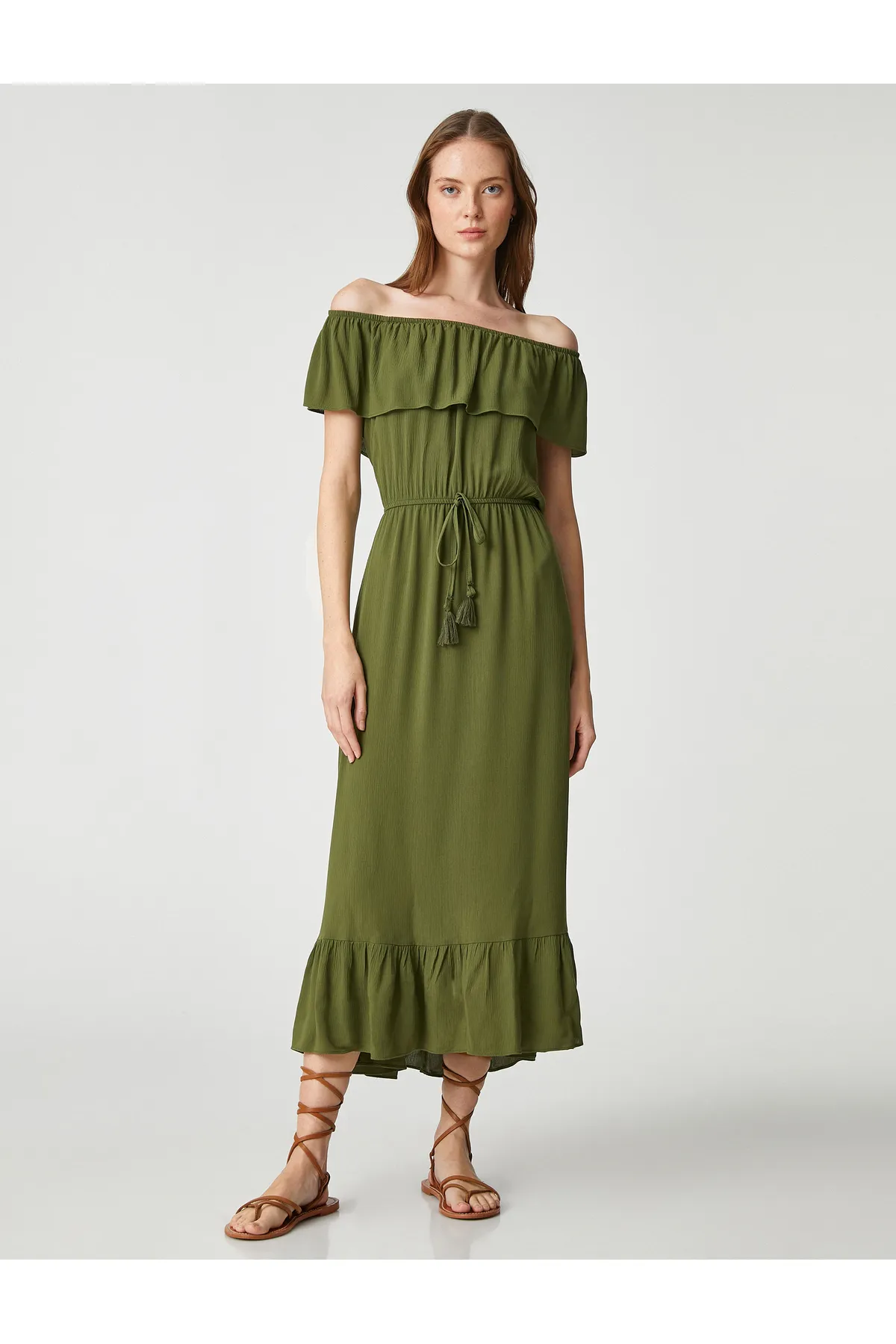 Koton  U-Boot-Ausschnitt, schlichtes Khaki-Midi-Damenkleid 3sak80001pw