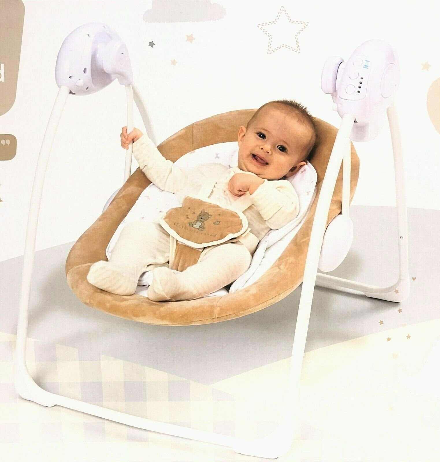 Ladida Babyschaukel Brauner Teddybär Babyschaukel, 080, 5 Geschwindigkeitsstufen mit 6 Melodien, Spielzeugstange mit 3 Plüschtieren, einfach Installation, faltbar