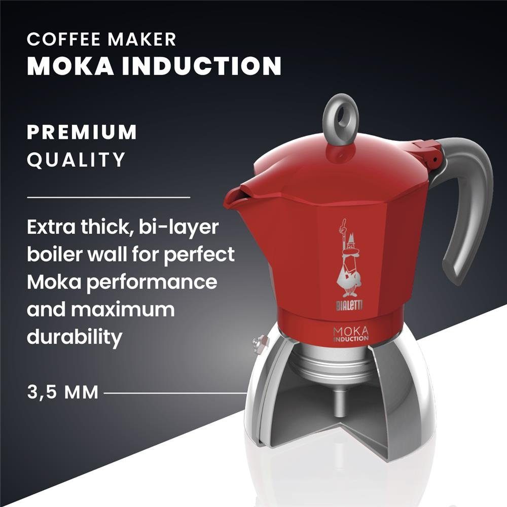 BIALETTI Espressokocher New Moka 4 Tassen, 0,15l Kaffeekanne, aus Aluminium / Stahl, für vier Tassen, Kaffeemaschine, Kaffeekocher, für Herd und Induktion geeignet, für Camping, Rot