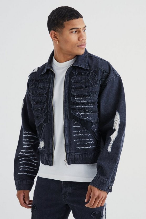Kastige Jeansjacke mit Skelett-Applikation