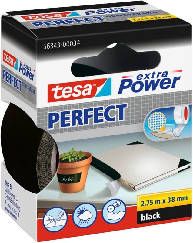 tesa Gewebeband extra Power Perfect Schwarz 38 mm (B) x 2,75 m (L) Kunststoff, Zellwollgewebe