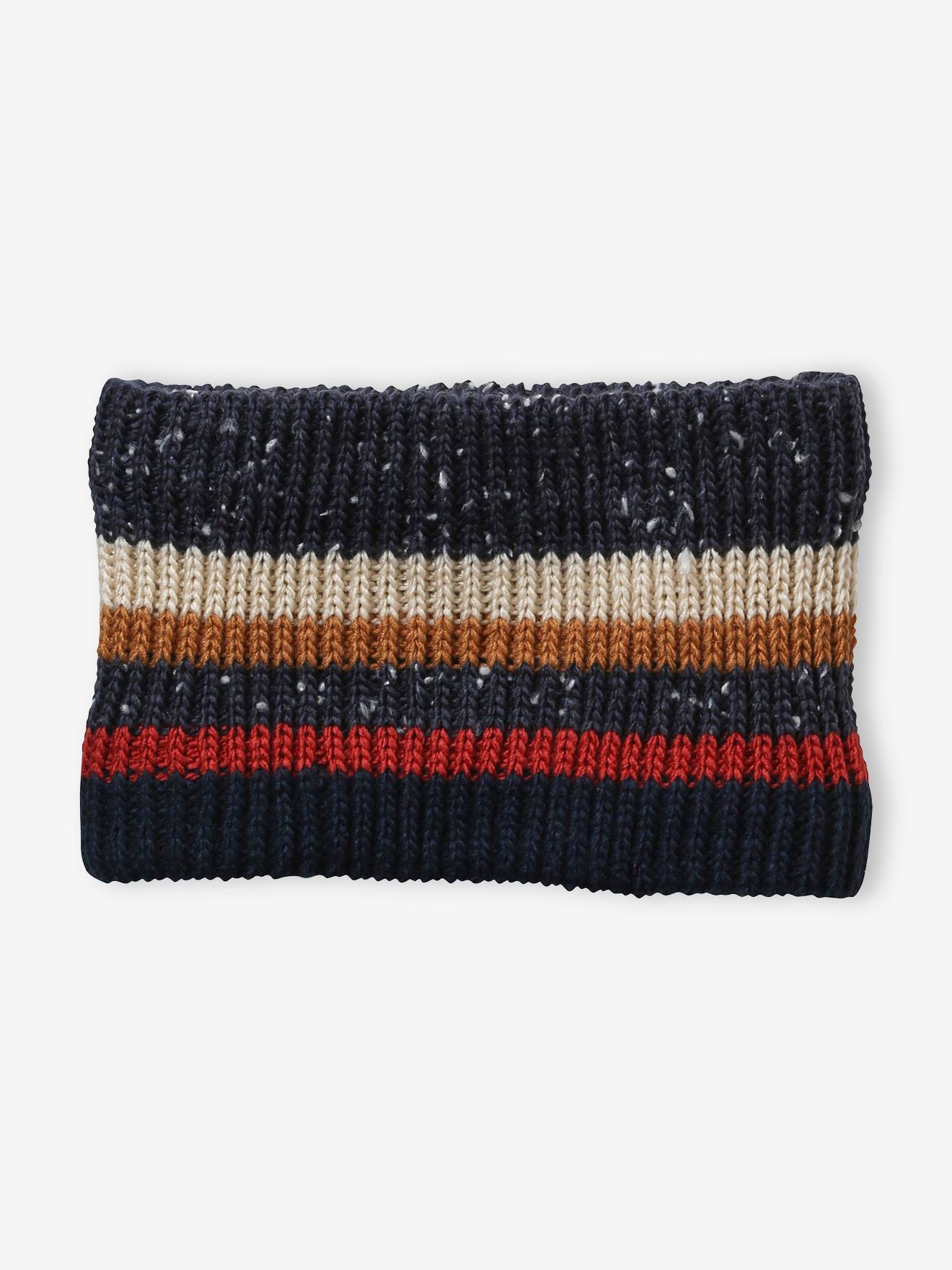 Vertbaudet Jungen Strick-Set: Mütze, Rundschal & Handschuhe, Streifen - marine