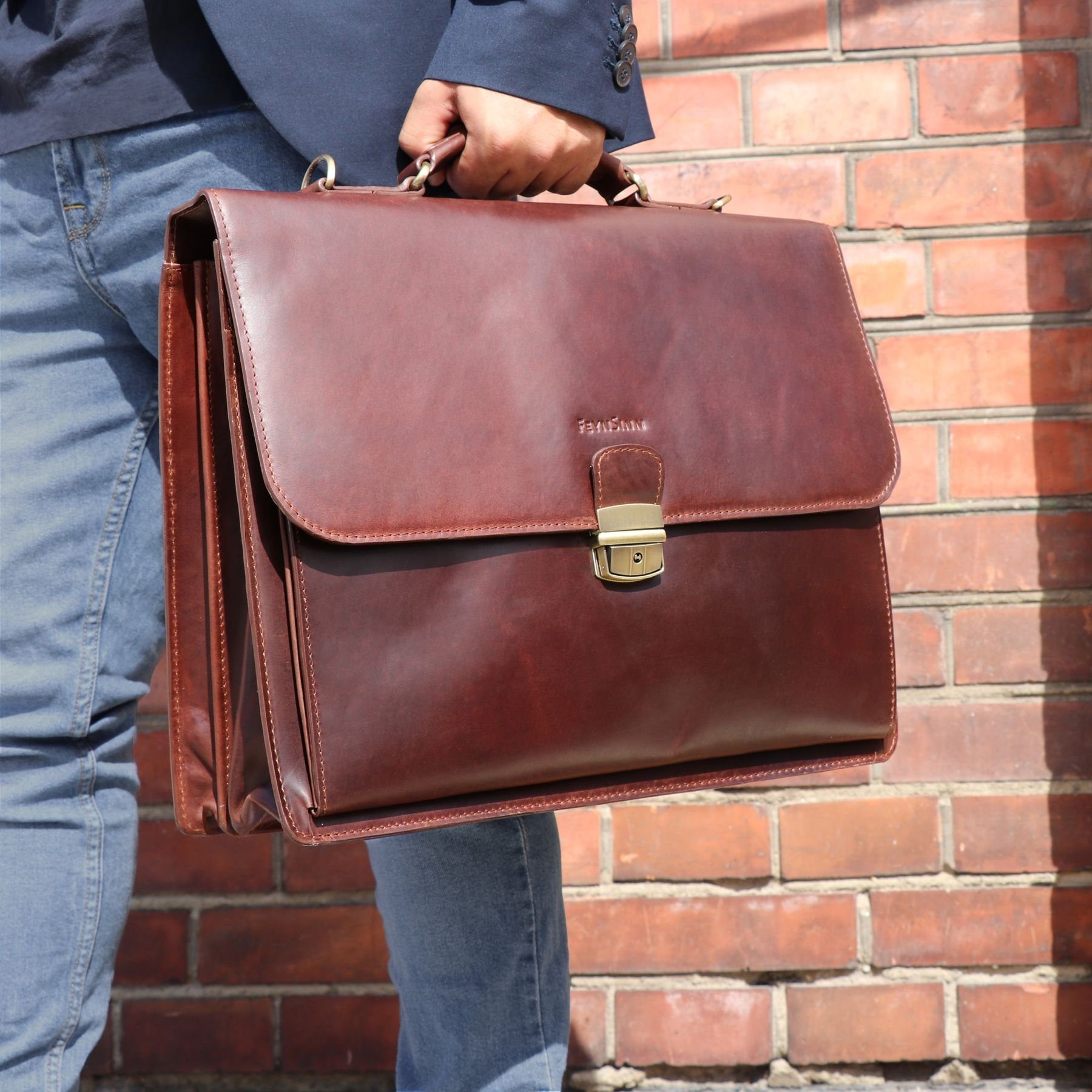 FEYNSINN Laptoptasche Leder Businesstasche Herren EMILIO, Laptoptasche 15,4 Zoll, Aktentasche Echtleder Herren braun-cognac