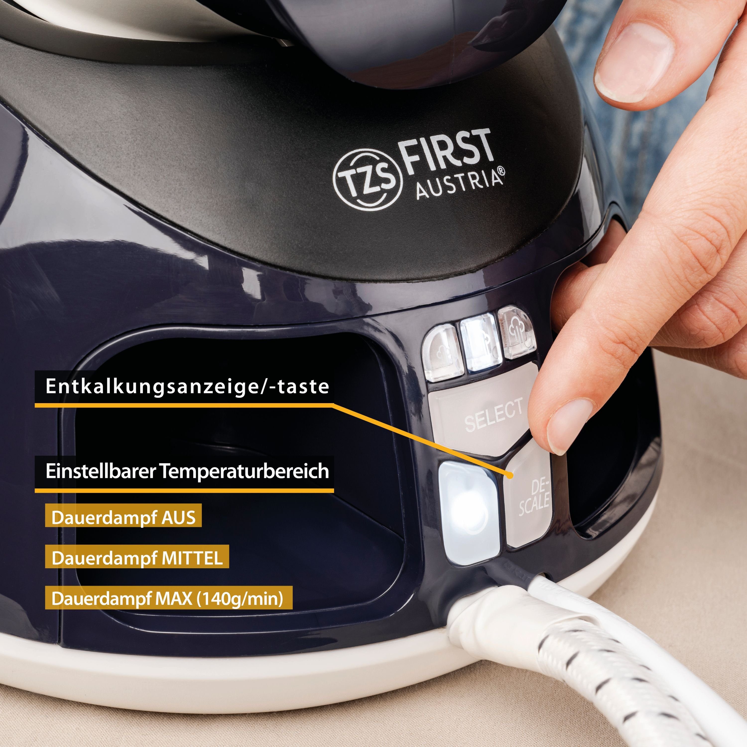 TZS FIRST AUSTRIA Dampfbügelstation Bügelstation 3000W, 6 Bar Dampfstoß 300g, 1700 ml Wassertank, Dampfbügeleisen, Keramiksohle, Vertikaldampf