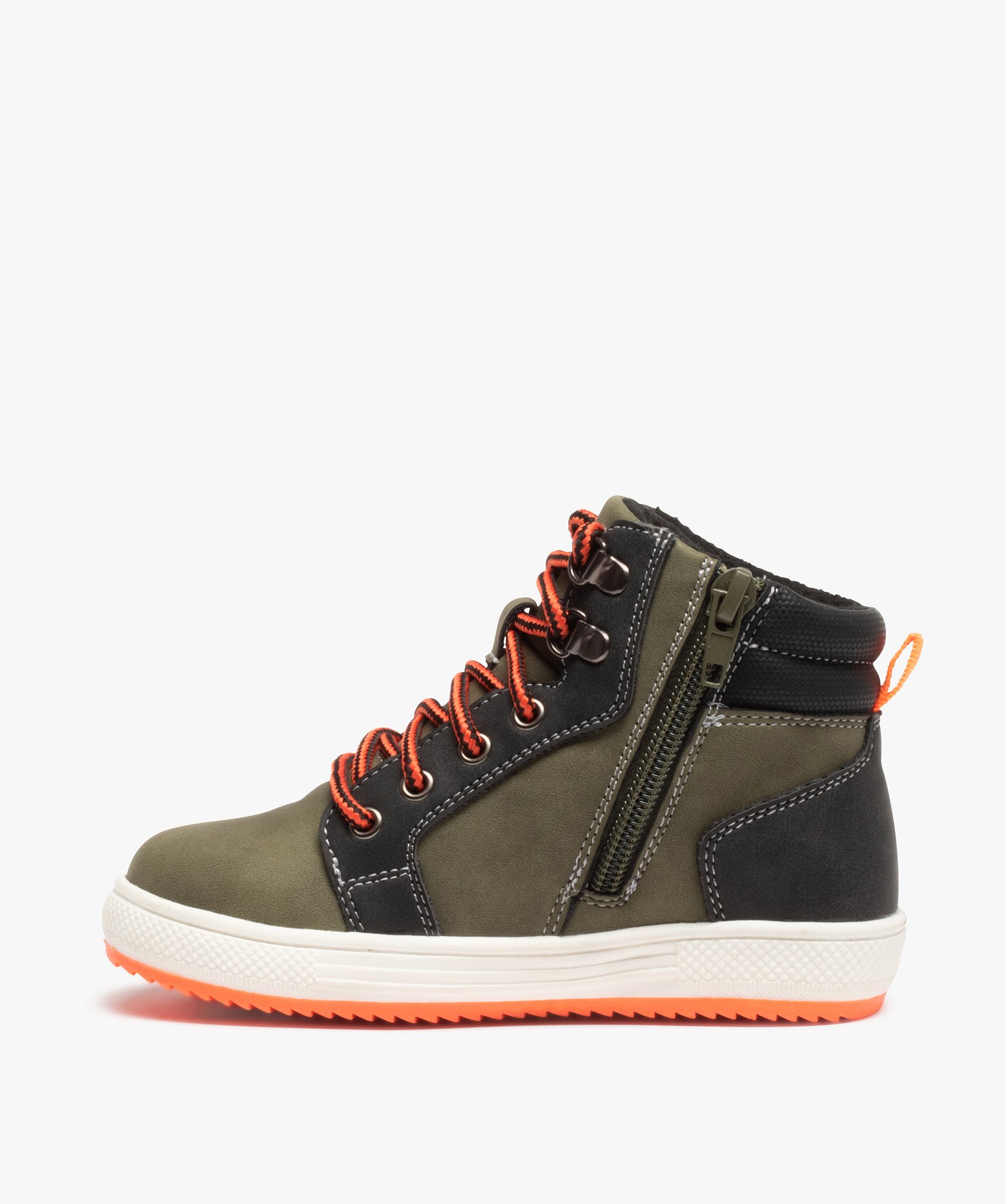 Boots fourrées Garçon à lacets bicolores et zip kaki | GEMO