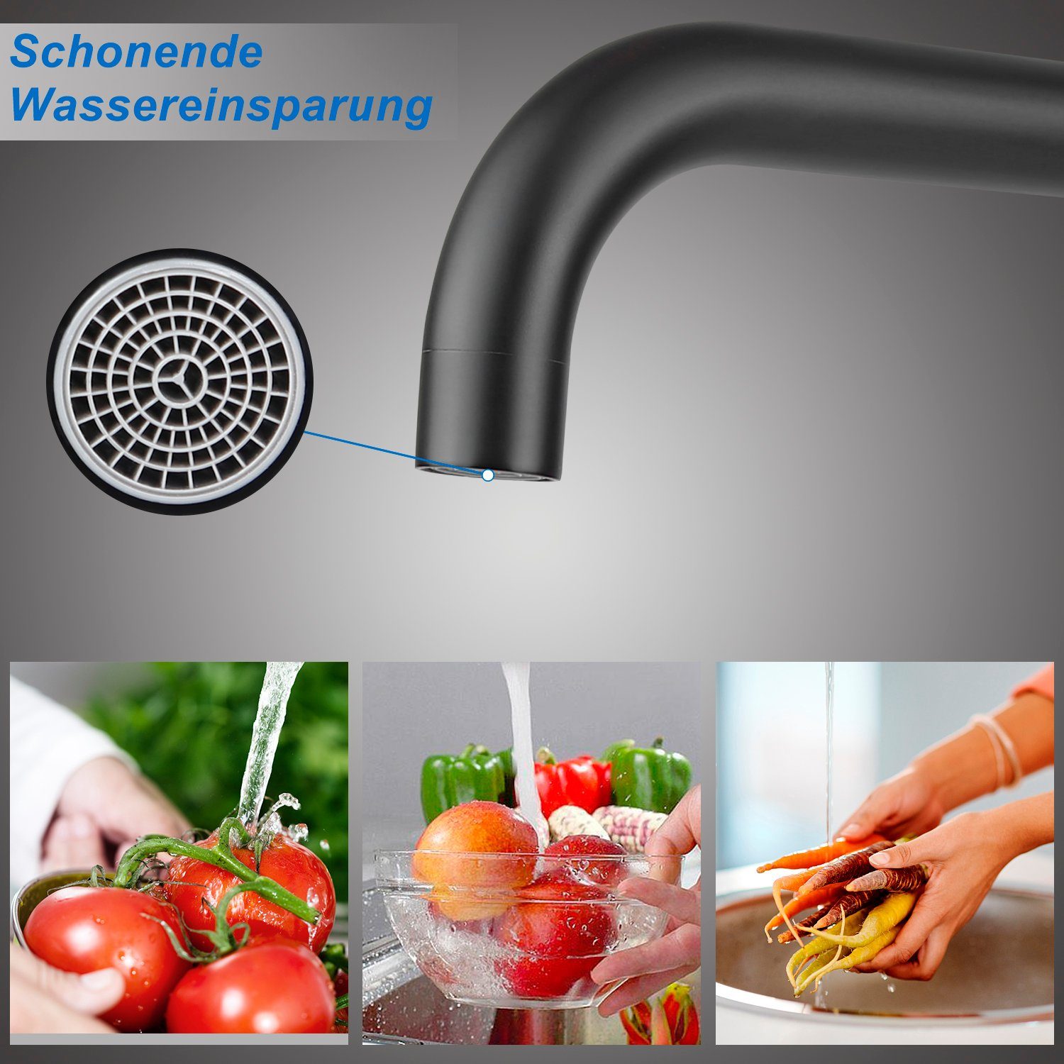 ZMH Waschtischarmatur 3 Stile Edelstahl Mischbatterie 360° Schwenkbar für Küche, Schwarz-Sieben-Förmig
