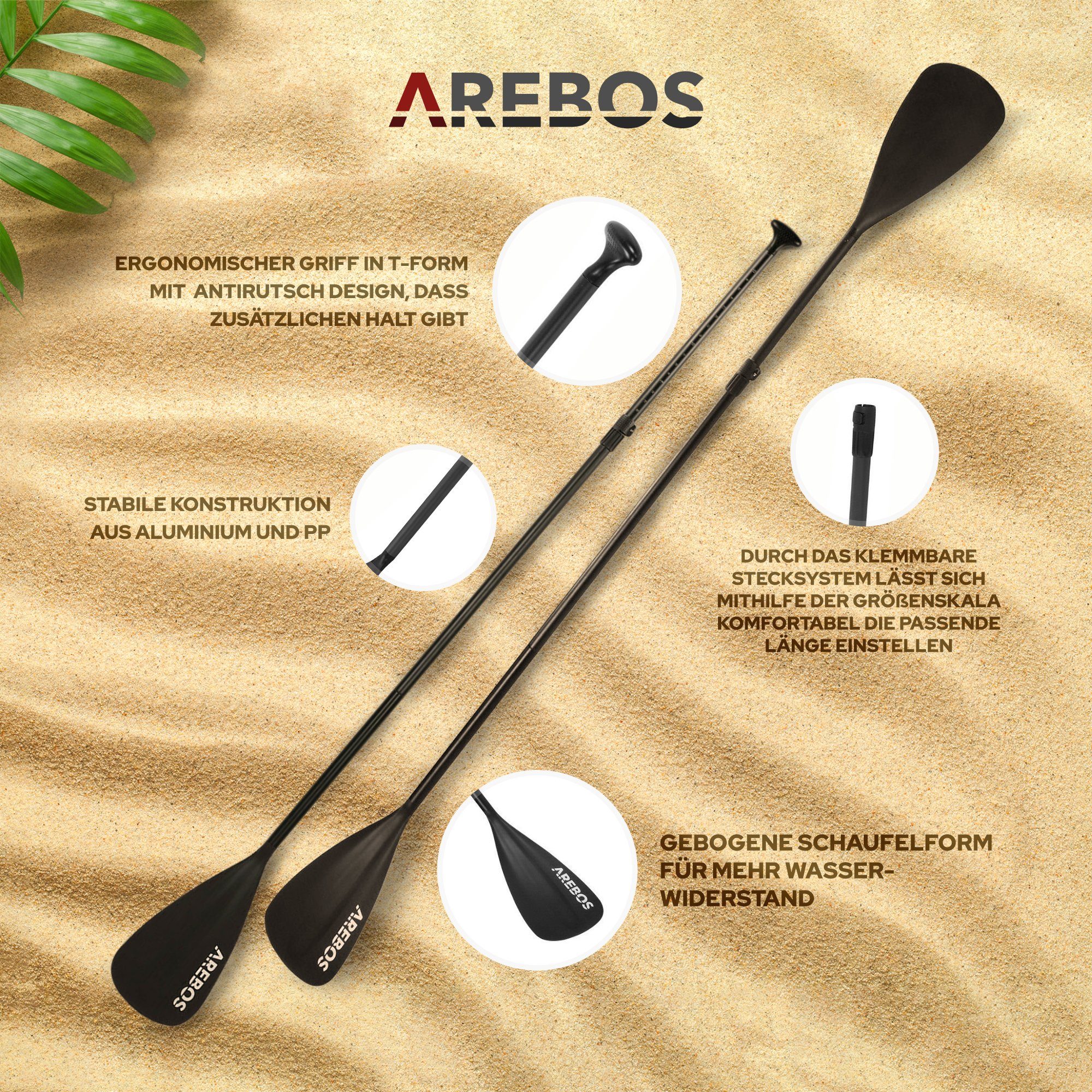 Arebos 2-in-1 Doppelpaddel & Einzelpaddel, SUP Hilfspaddel SUP-Paddel, (Set), Schwimmfähig, stabilem Kunststoff, gebogene Klingen, 156-215 cm