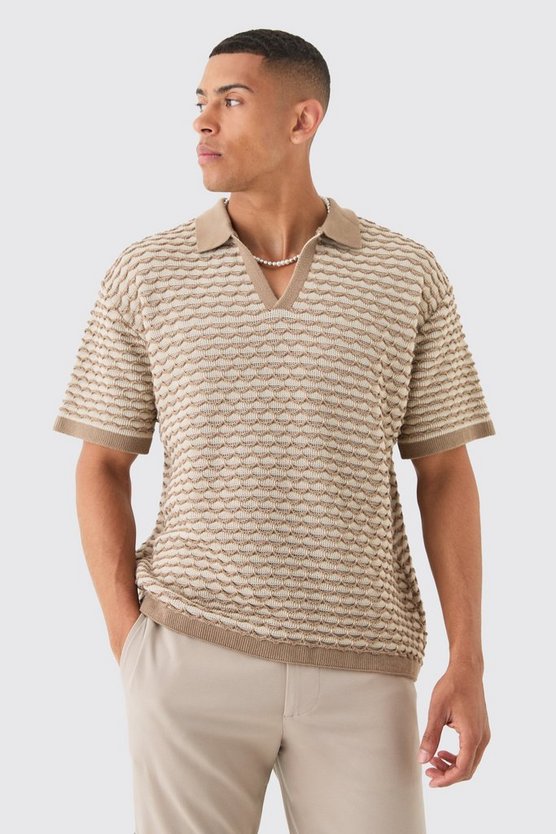 Kastiges strukturiertes Oversize Strick-Poloshirt mit Streifen
