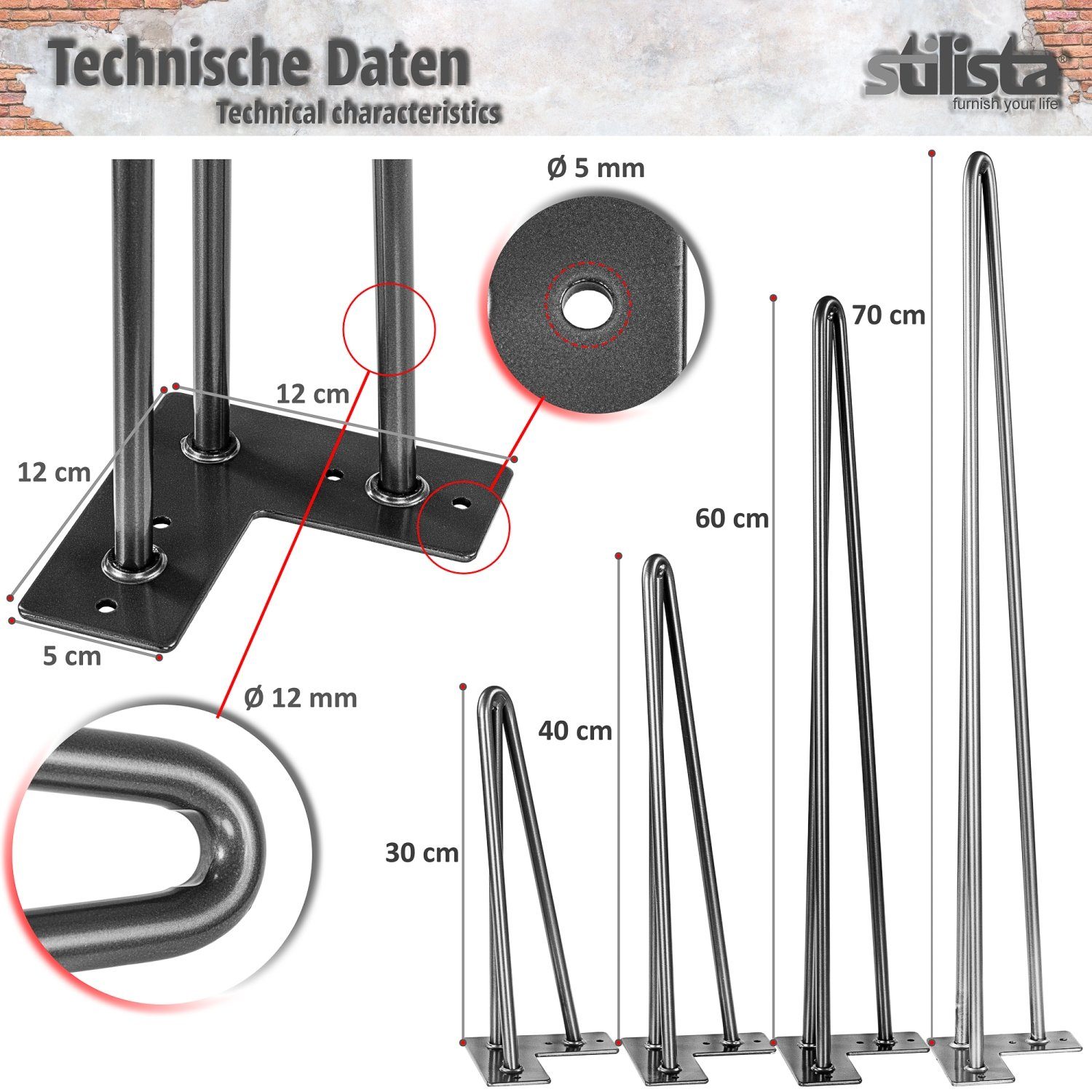 STILISTA Möbelfuß Hairpin Legs Haarnadelbeine Tischbeine Möbelbeine, (Set, 4er Set), DIY, 3 Streben, Industriedesign, Farb- und Größenwahl
