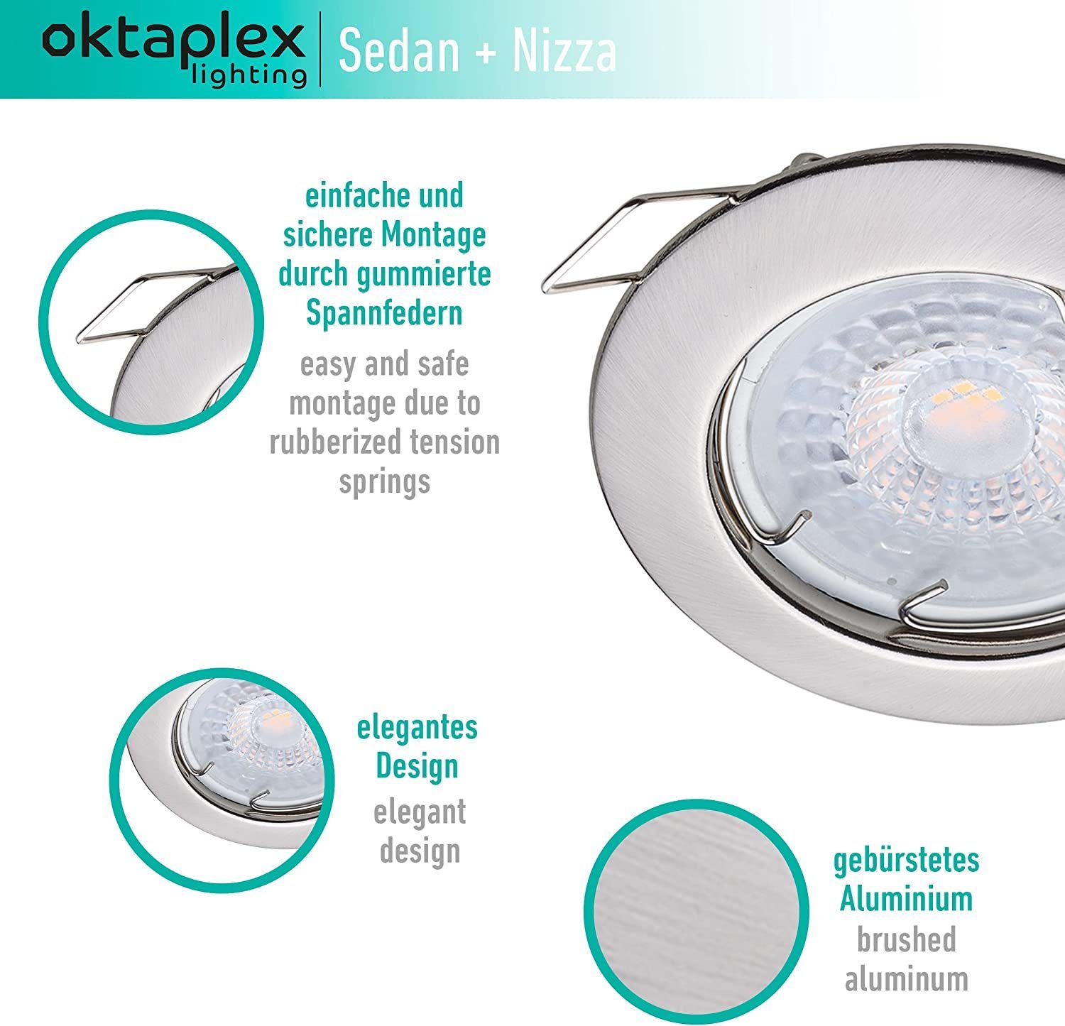 Oktaplex lighting LED Einbaustrahler 3er Set LED Strahler flach inkl. 3er Set LED Module 4,8W 380 Lumen, 3-Step Dimmung, Leuchtmittel wechselbar, warmweiß, 2700 Kelvin 230V silber