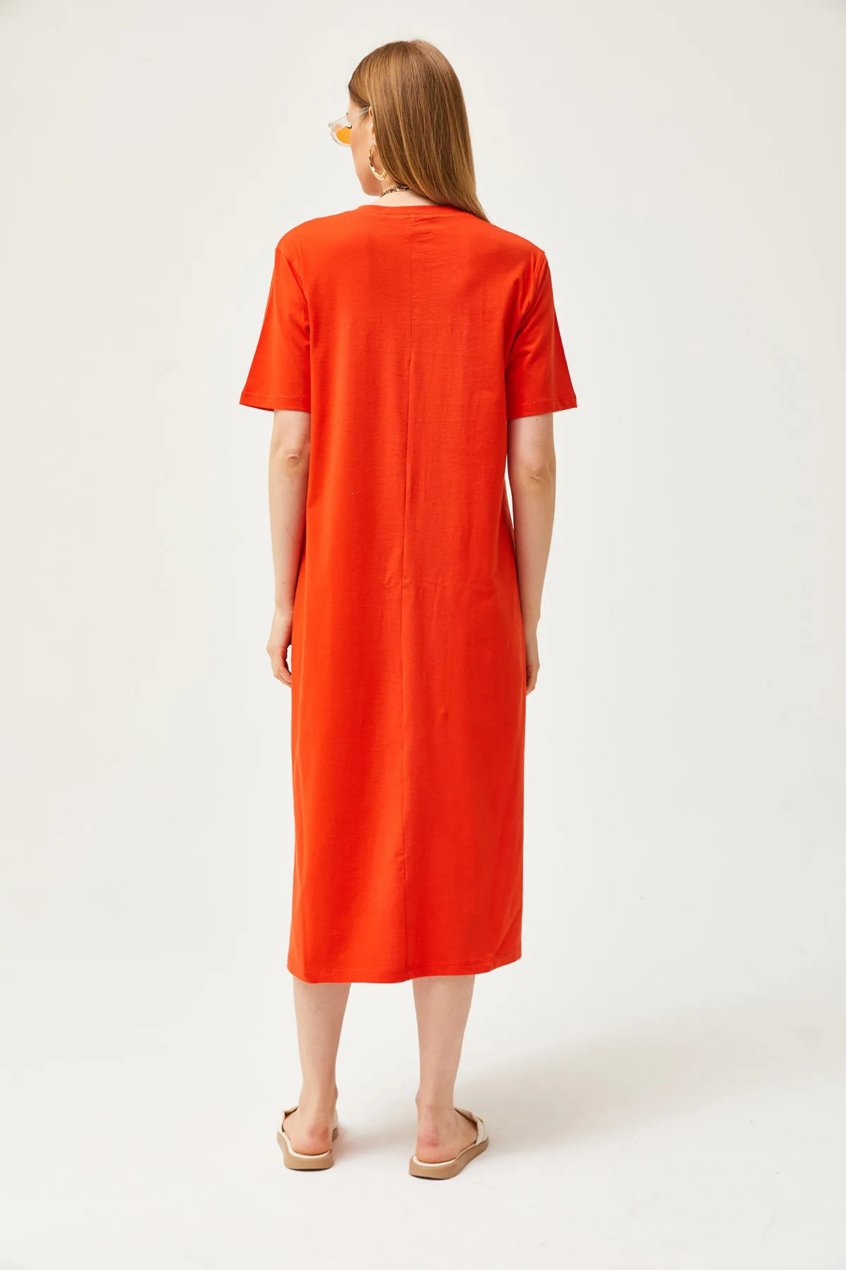 Olalook  Oranges Oversize-Baumwollkleid mit Seitenschlitz für Damen ELB-19001880