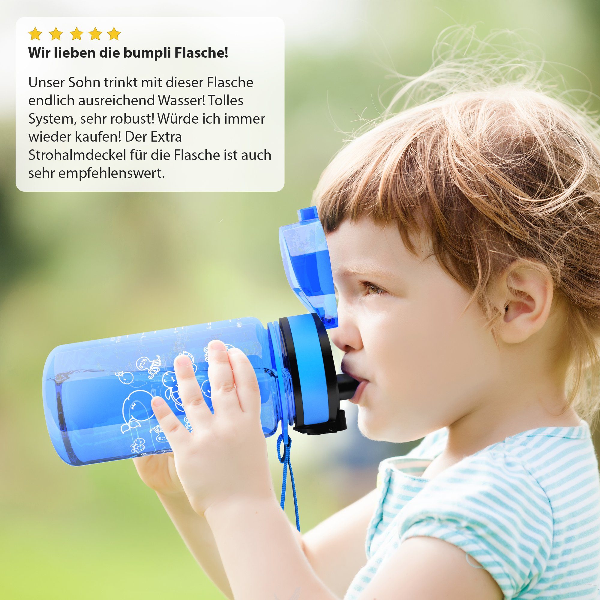 bumpli® Trinkflasche Kinder Trinkflasche 350ml +Strohhalmdeckel, Wasserflasche, BPA-frei, auslaufsicher, spülmaschinenfest, Trageschlaufe, Fruchtsieb