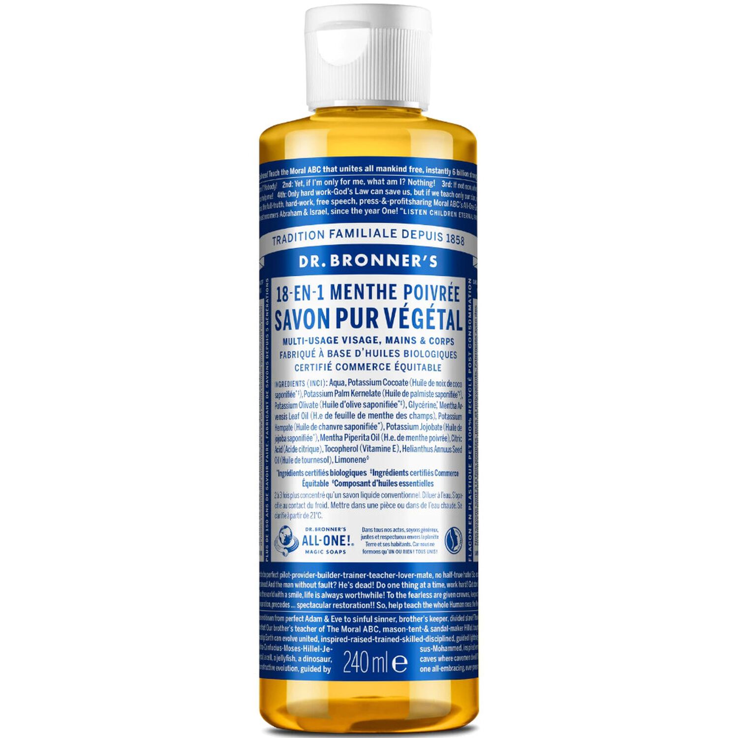 Dr Bronners Savon liquide Menthe poivrée Un savon de Castille liquide naturel 18-en-1