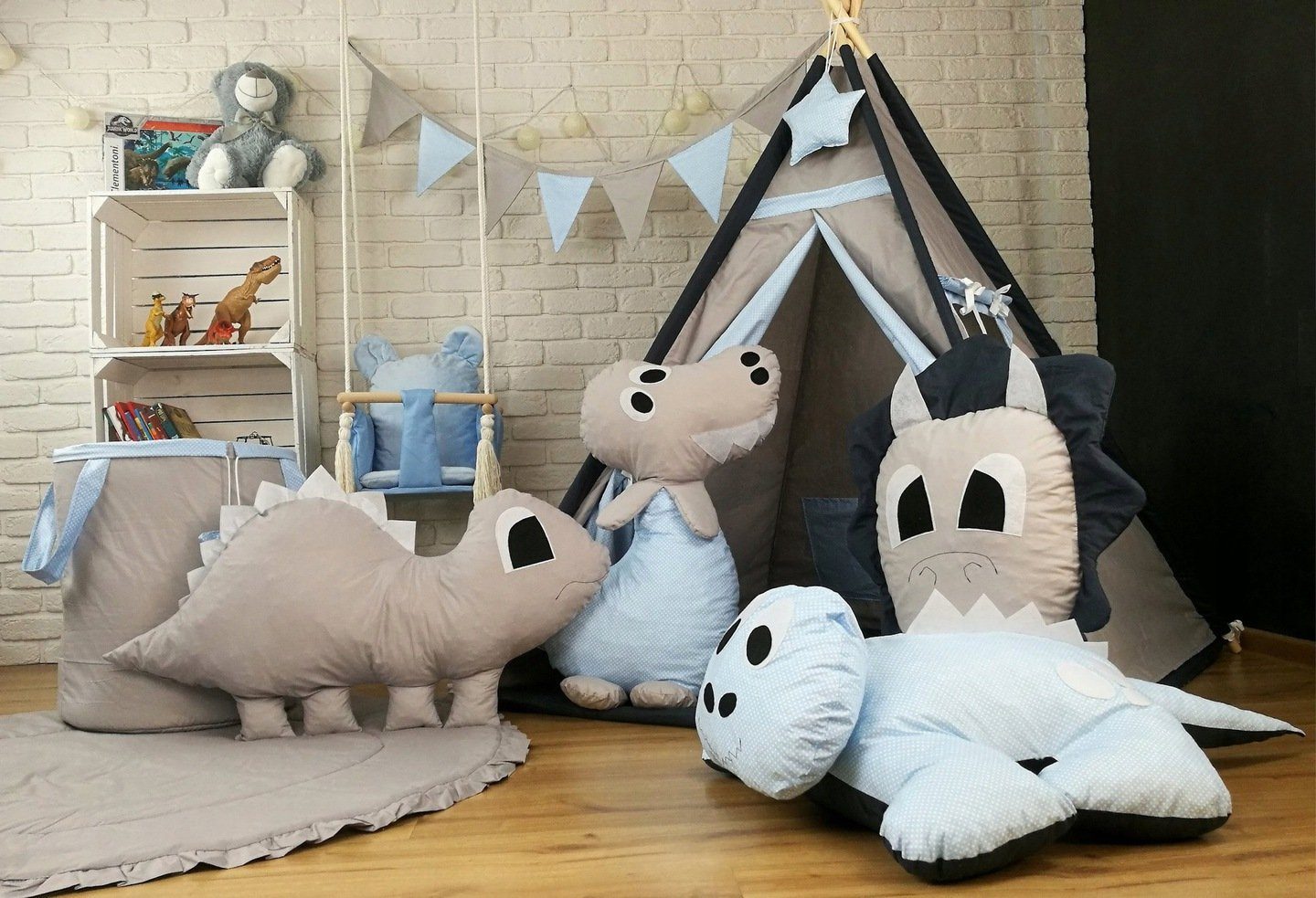 Pamek Tipi-Zelt DINO - Tipi SET mit 4 Kuscheltiere, DINOSAURIEN ZELT, Personen: 2 (7 tlg), Sehr schönes Design.