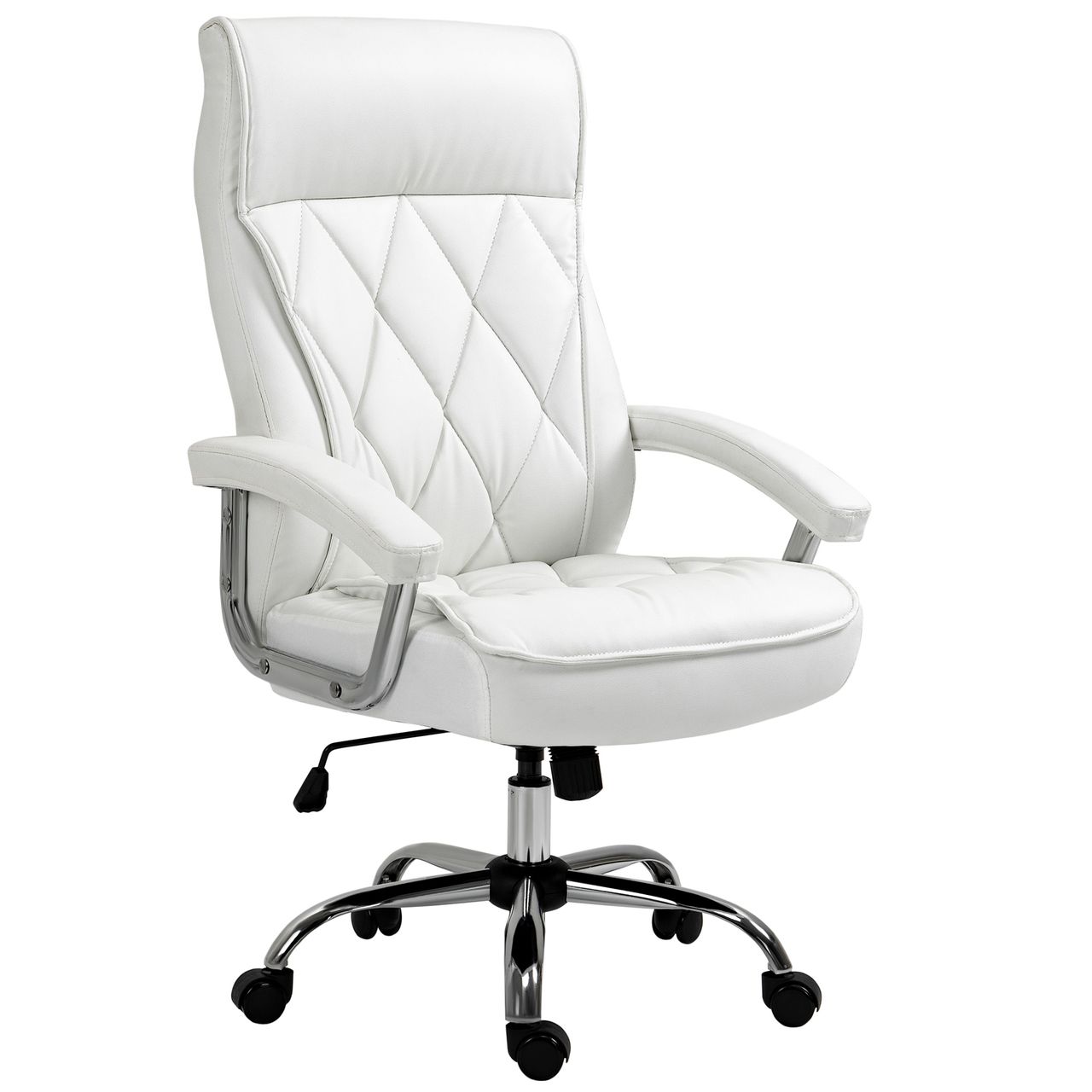 HOMCOM Chefsessel Bürostuhl Schreibtischstuhl Drehstuhl ergonomisch mit Wippenfunktion höhenverstellbar Rautenmuster modern elegant luxuriös PU-Leder Metall Schaumstoff Weiß 66x69x121 cm