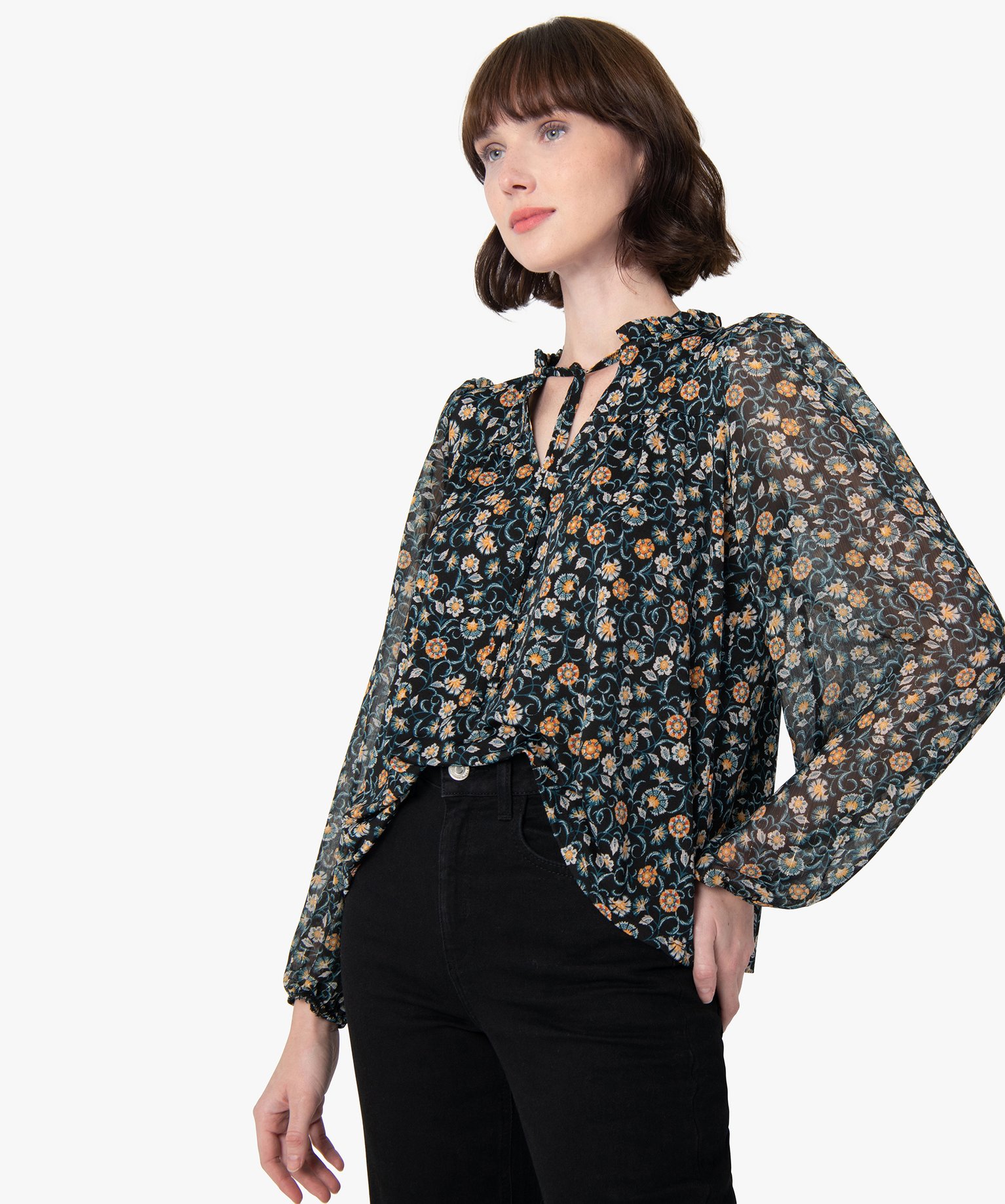 Blouse femme en voile avec rayures pailletées sur les manches | GEMO
