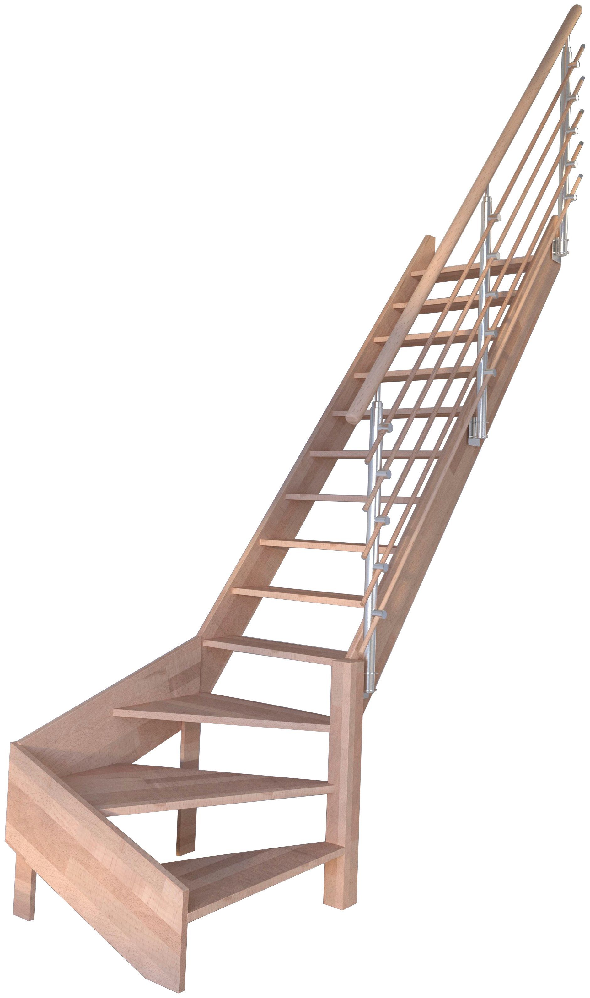 Starwood Raumspartreppe Massivholz Rhodos, Design-Geländer Holzrundstäbe, für Geschosshöhen bis 300 cm, Stufen offen, gewendelt Rechts, Durchgehende Wangenteile