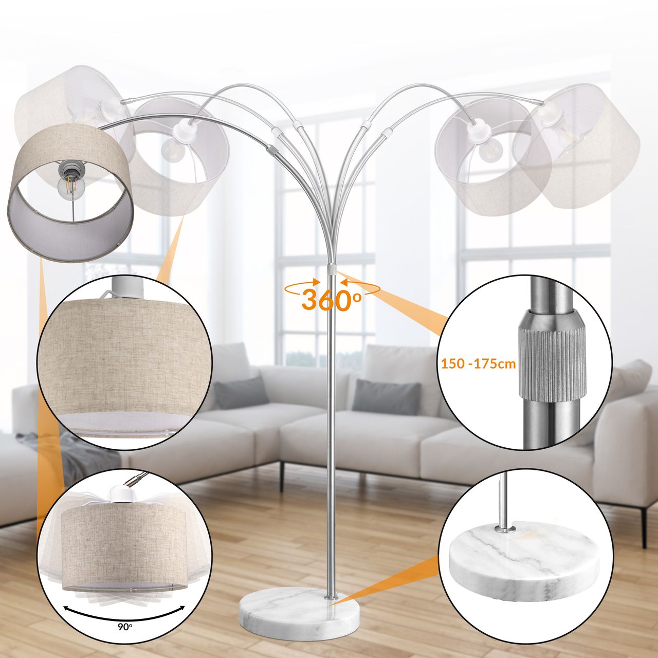 Casaria monzana® Design Bogenlampe Leinen 150-175cm verstellbar