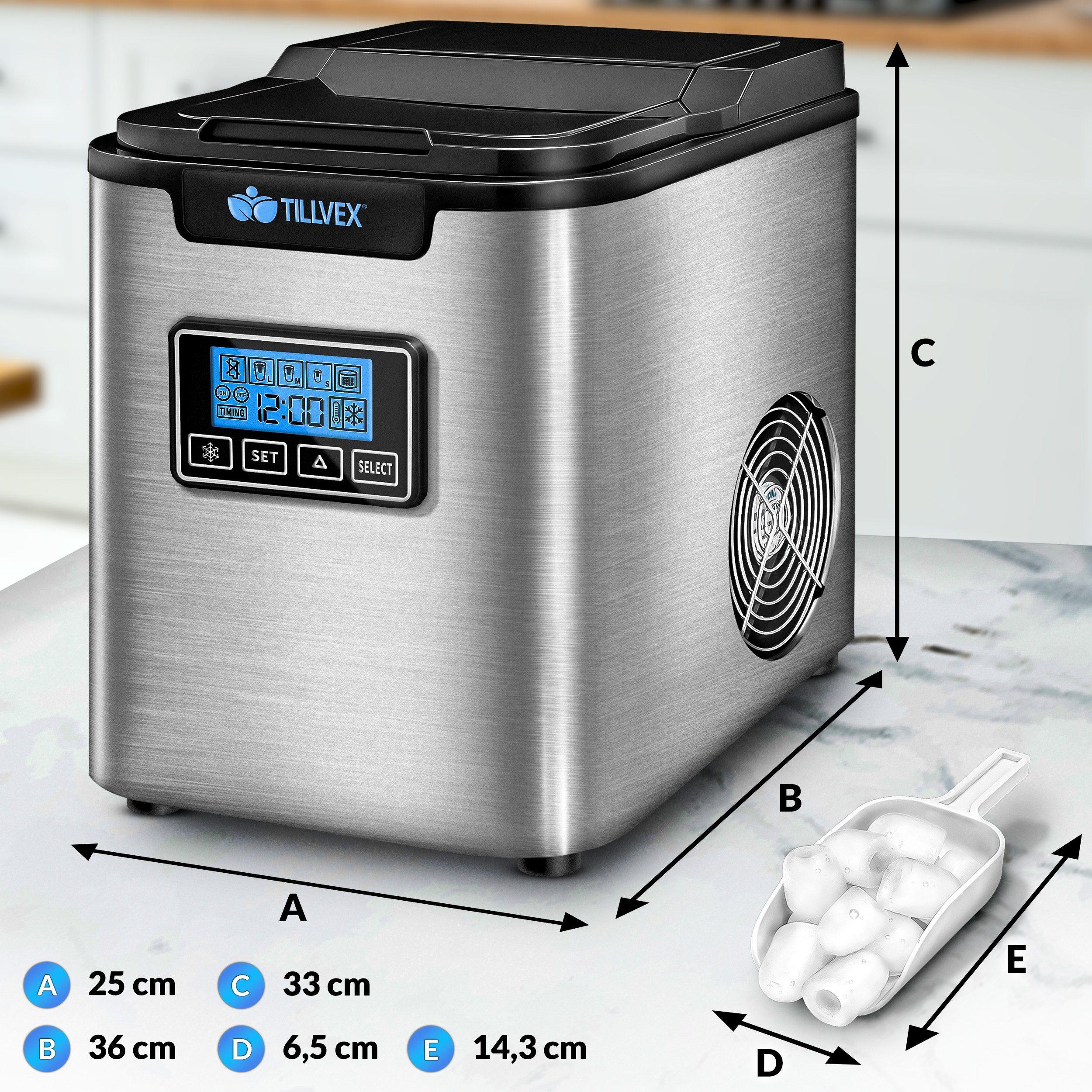 tillvex Eiswürfelmaschine Edelstahl 12 kg - 24h, Eiswürfelbereiter mit Timer, 2,2 Liter Wassertank, Ice-Maker LCD-Display