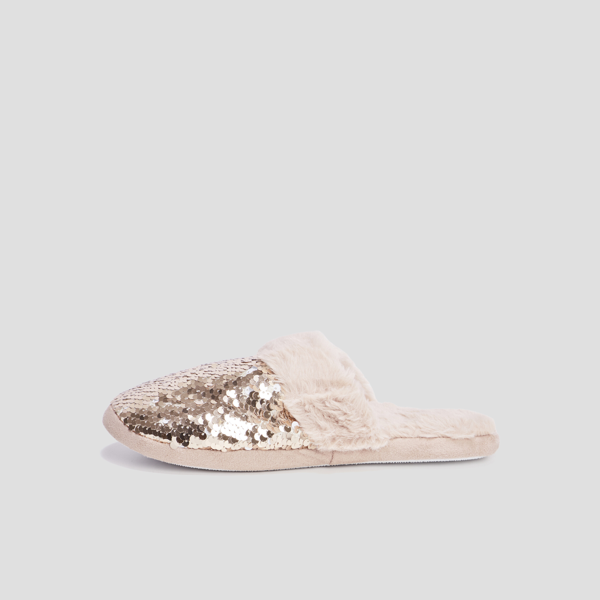 Chaussons mules sequins et fourrure jaune or femme | La Halle