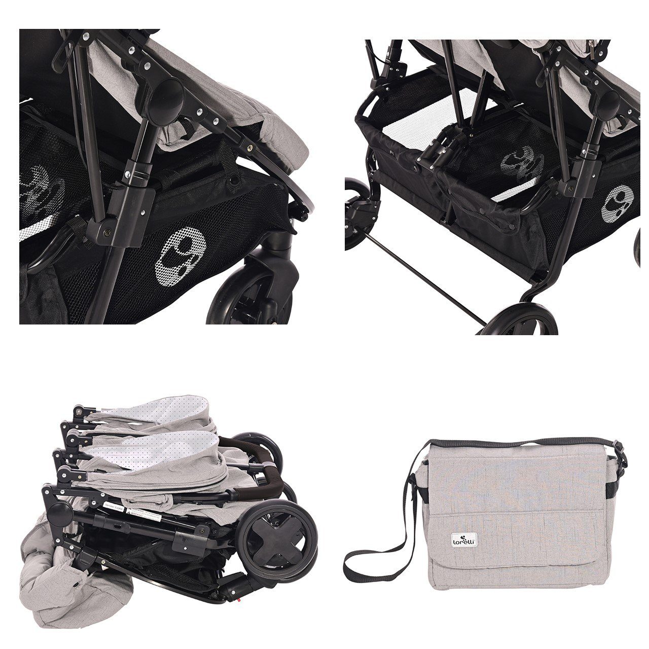 Lorelli Zwillings-Kombikinderwagen Geschwisterkinderwagen Duo, klappbar verstellbar Fußabdeckung Wickeltasche