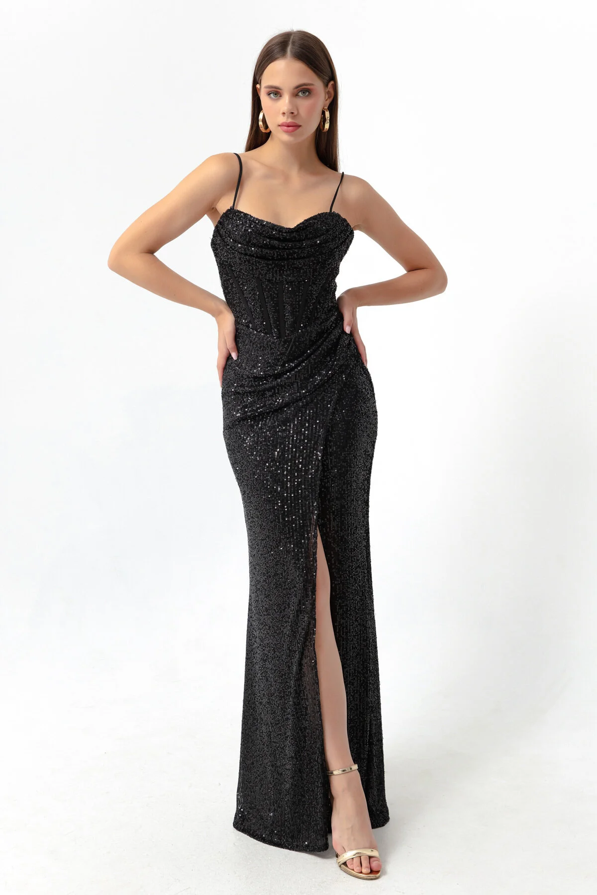 Lafaba  Schwarzes Damen-Abendkleid mit Bügel-Korsett, detailliertem Pailletten-Schlitz und langem Abendkleid
