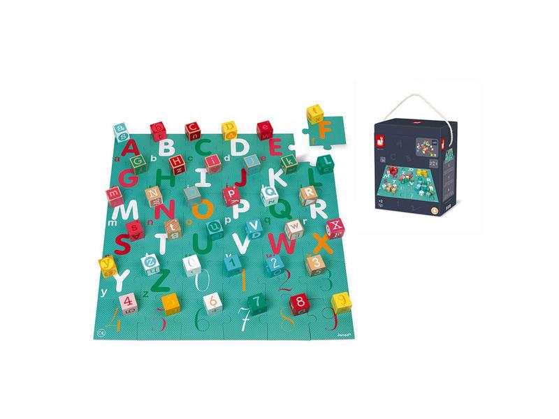 Kubix 40 cubes + puzzle Lettres et Chiffres, jeu de construction 2 en 1 Janod