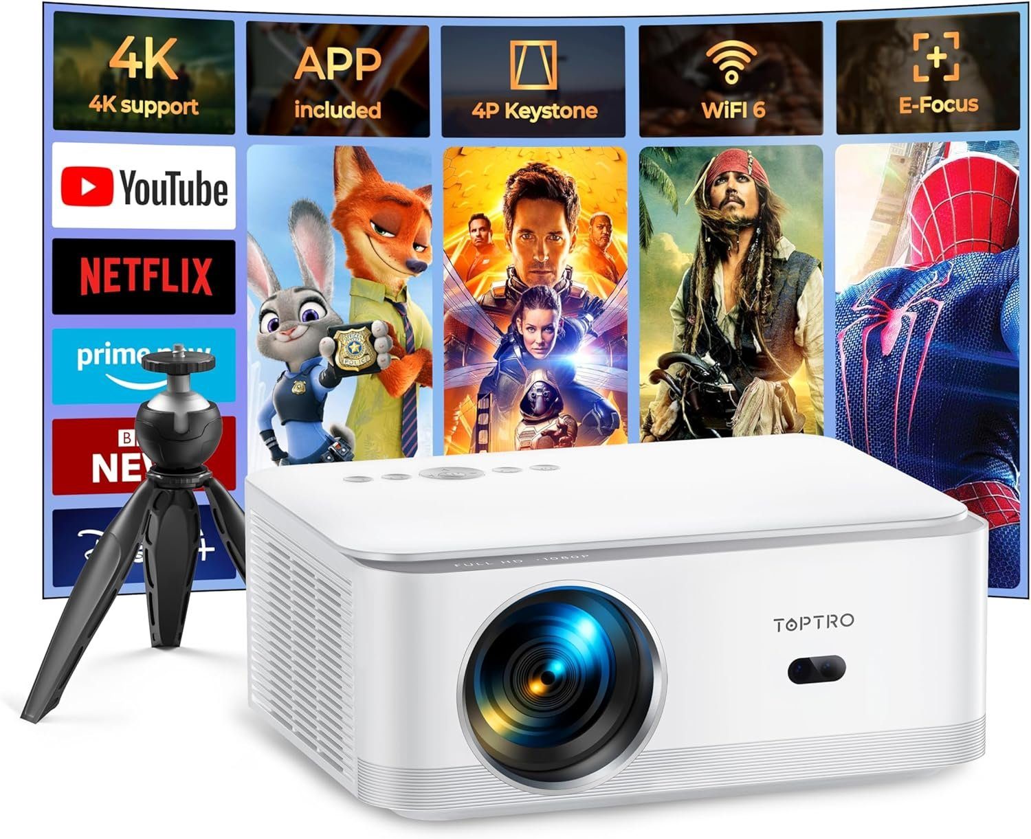 TOPTRO 1080P 4K Unterstützt, 600 ANSI Portabler Projektor (15000 lm, 20000:1, 1920x1080 px, Flexible Aufstellung für ein beeindruckendes audiovisuelles Erlebnis)
