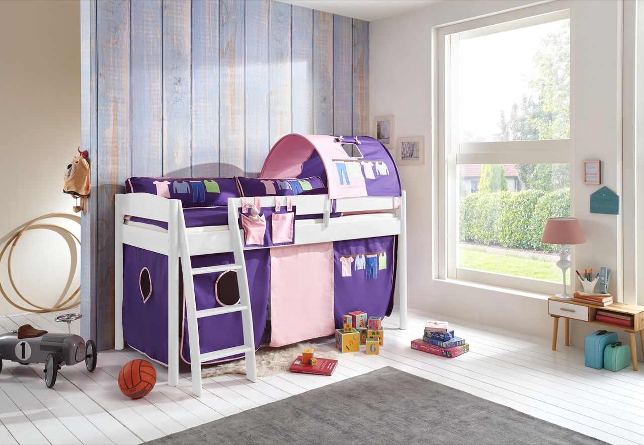 Relita Halbhohes Bett MICHELLE 90x200 cm Buche massiv weiß lackiert, mit Textilset Vorhang, 1-Tunnel, Tasche rosa/violett-Kleider