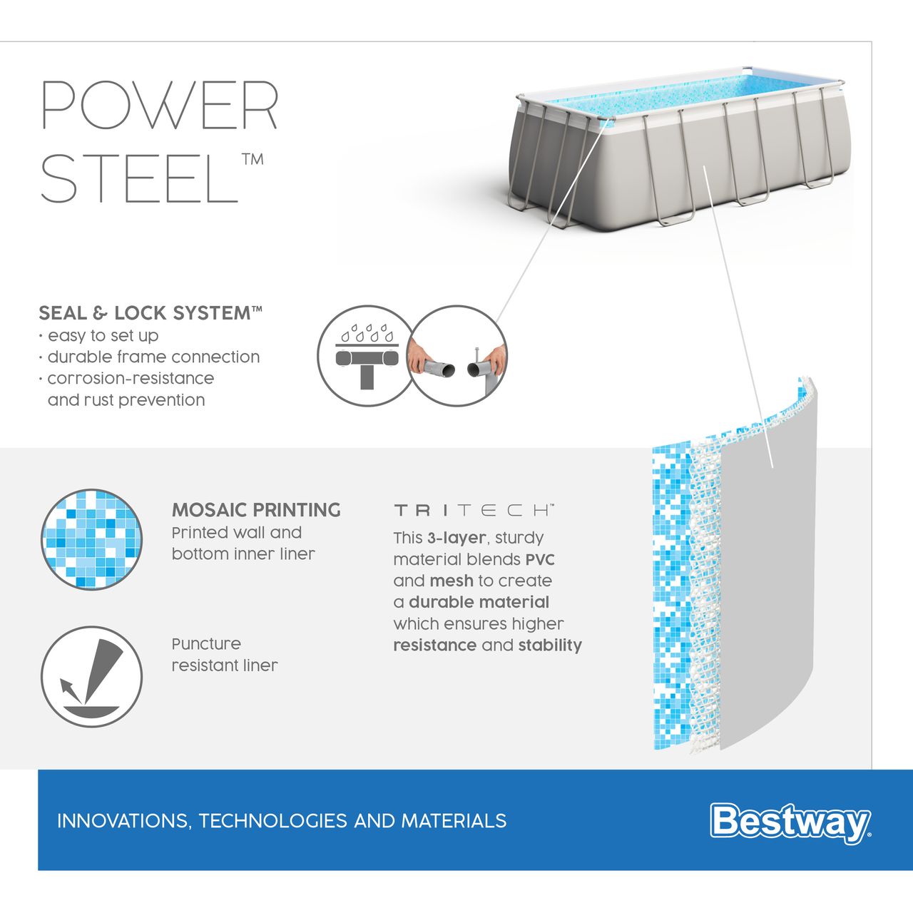 Bestway Power Steel™ Frame Pool Komplett-Set mit Sandfilteranlage, lichtgrau, 549 x 274 x 122 cm eckig