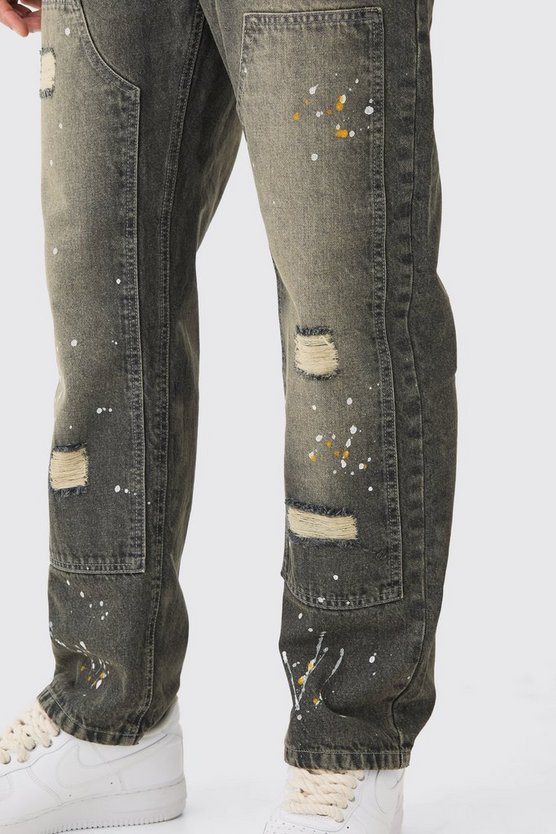 Lockere Jeans mit Farbspritzern in Antik-Grau