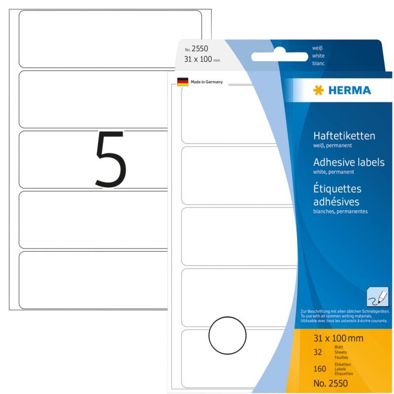 HERMA Mehrzwecketiketten 2550 Weiß Rechteckig 31 x 100 mm 32 Blatt à 5 Etiketten