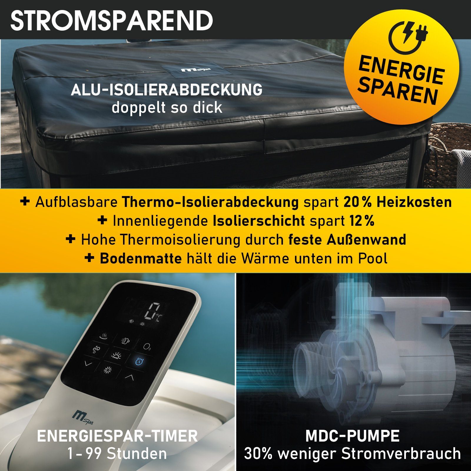BRAST Whirlpool MSpa Oslo mit Fester Außenwand, LED-Beleuchtung mit 20 Farben, (für 6 Personen, 160x160x65cm, 120 Massagedüsen), Ganzjähriger Einsatz Winterfest, In & Outdoor Pool