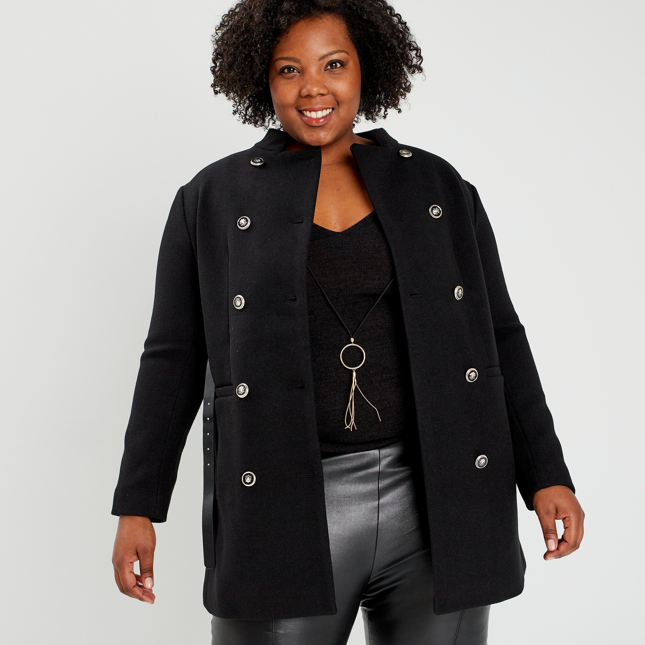 Manteau esprit officier droit ceinturé noir femme grande taille | La Halle