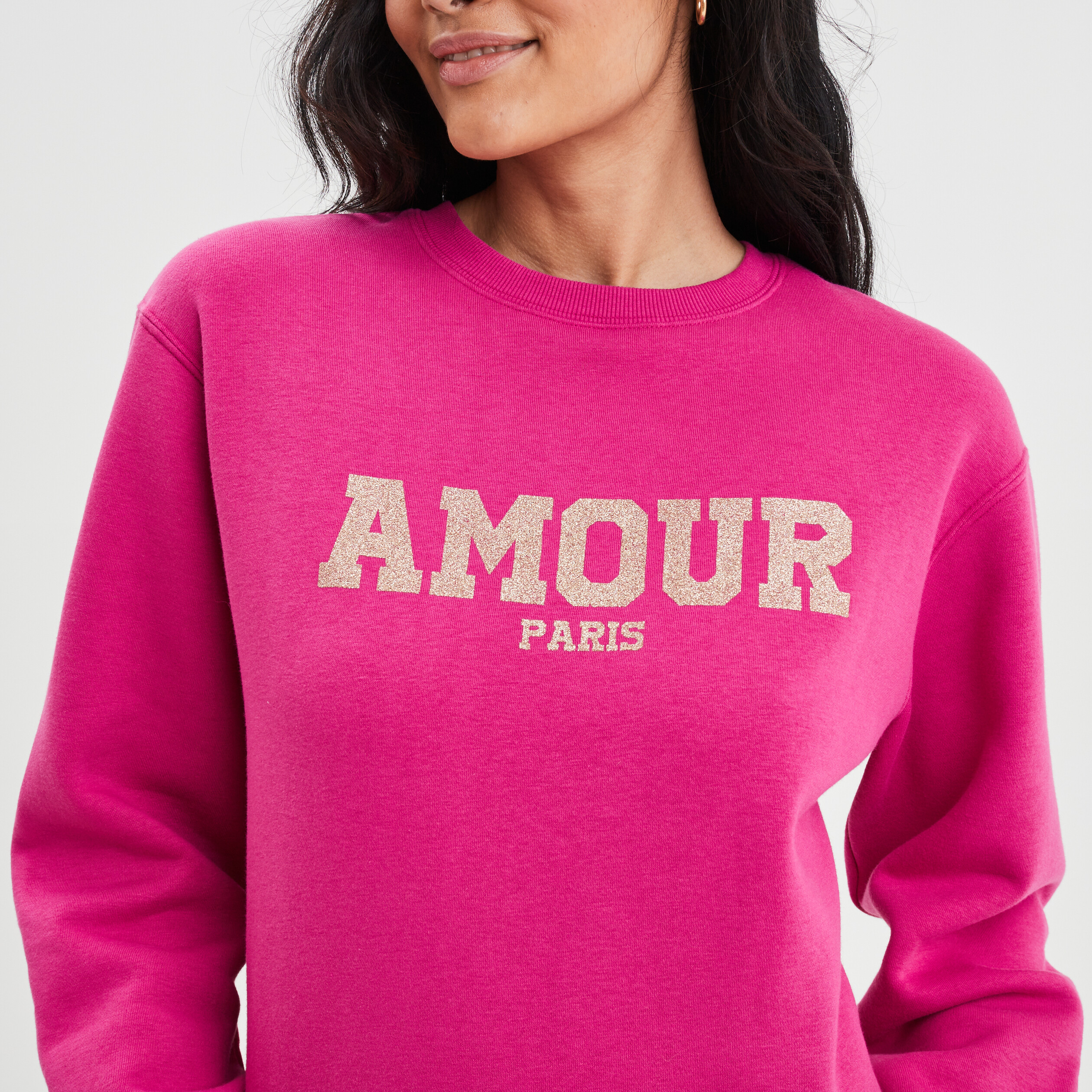 Sweat col rond à paillettes rose framboise femme | La Halle