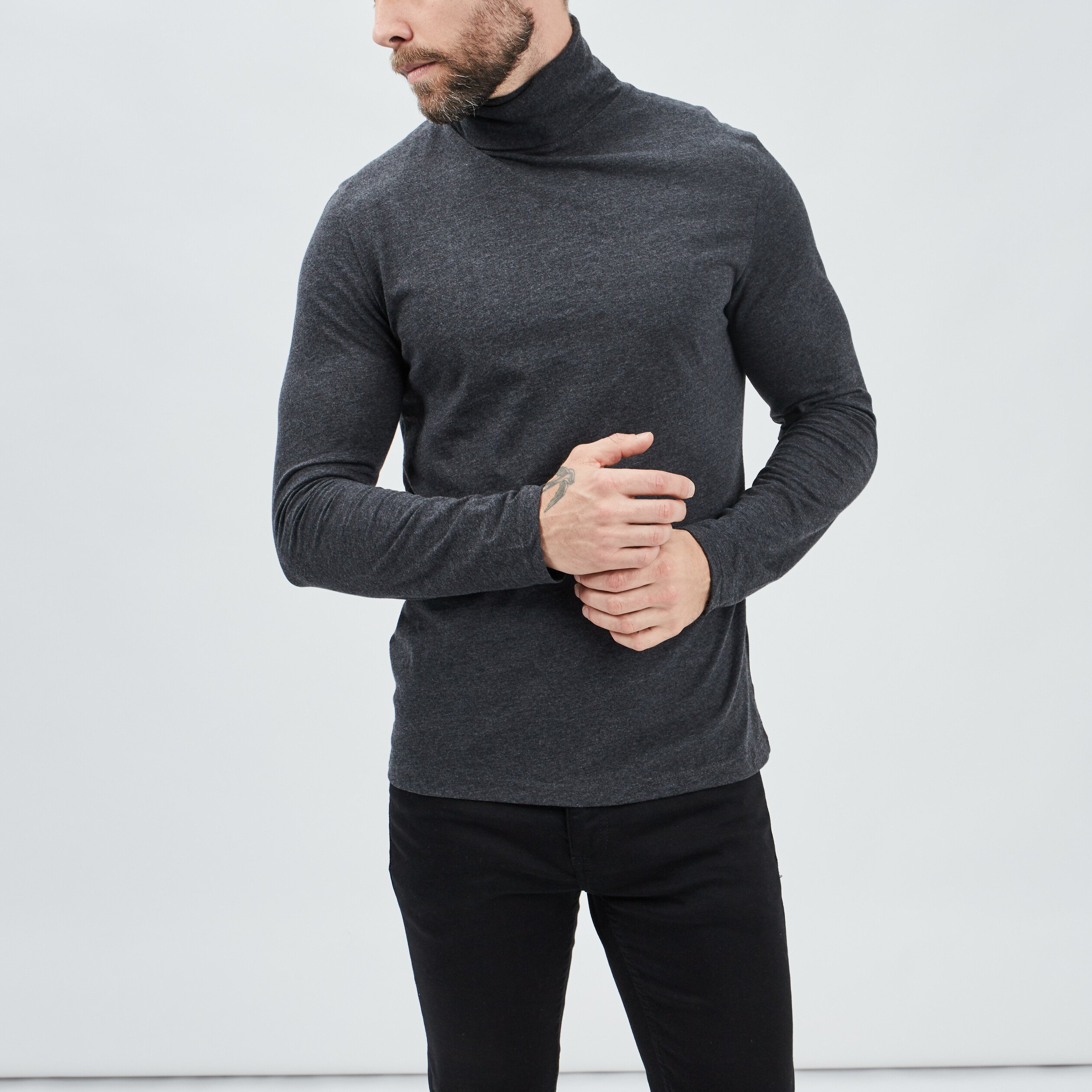 T-shirt col roulé manches longues gris foncé homme | La Halle