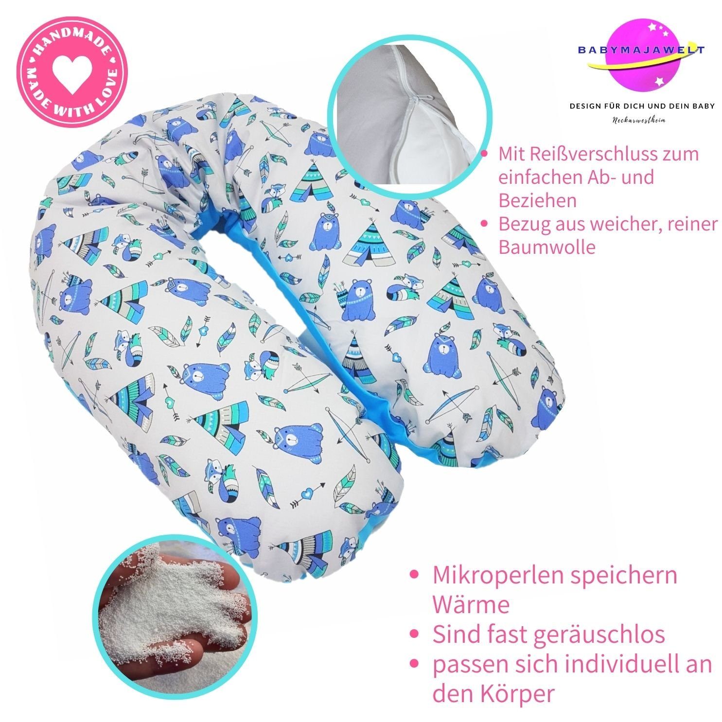 Babymajawelt Stillkissen Stillkissen Perlenfüllung Seitenschläferkissen XL, Speichert Wärme!, Tipi Blau Kissen, Schwangerschaftskissen, Made In EU, Prall gefüllt, Individuell anpassbar