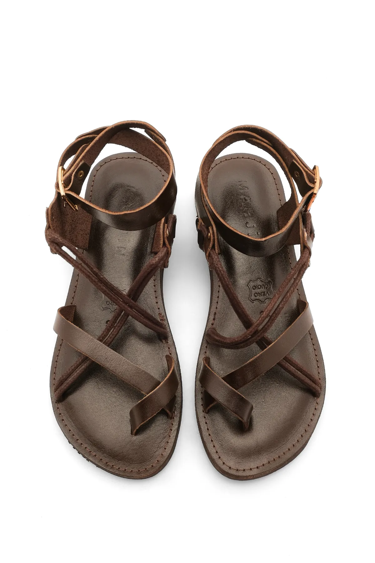 Marjin  Damen Echtleder Accessoire Eva Sohle Flip Flop Kreuz Seil Detaillierte Täglichen Sandalen Rivade Braun