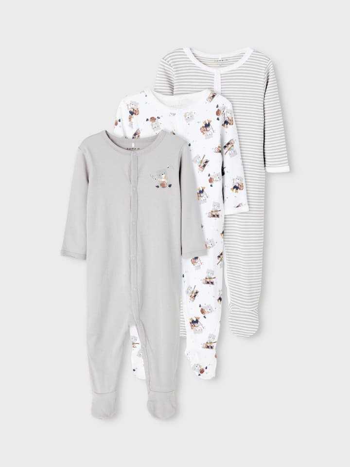 name it Baby Unisex 3er Pack Strampler mit Fuß Bärchen in Grau günstig kaufen