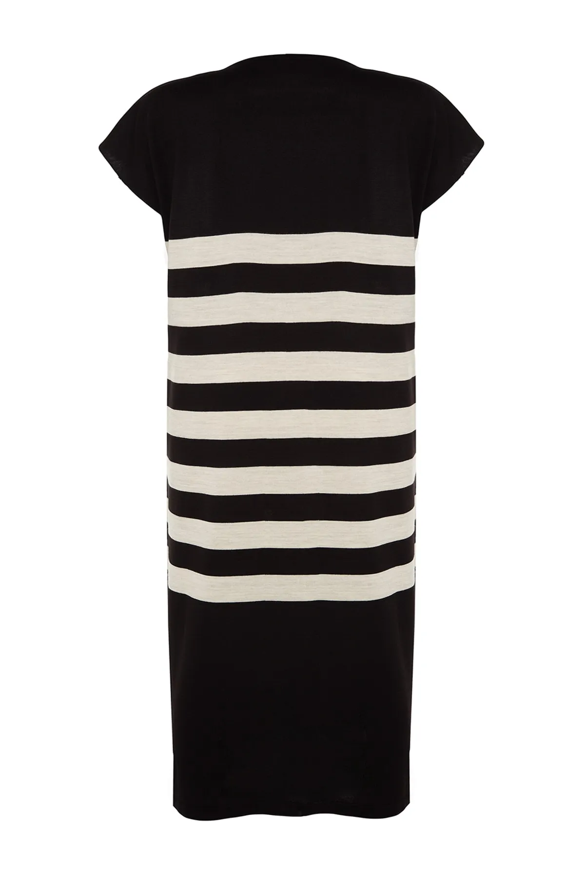 Trendyol Modest  Schwarzes gestreiftes Strickpulloverkleid mit V-Ausschnitt TCTAW24UV00039