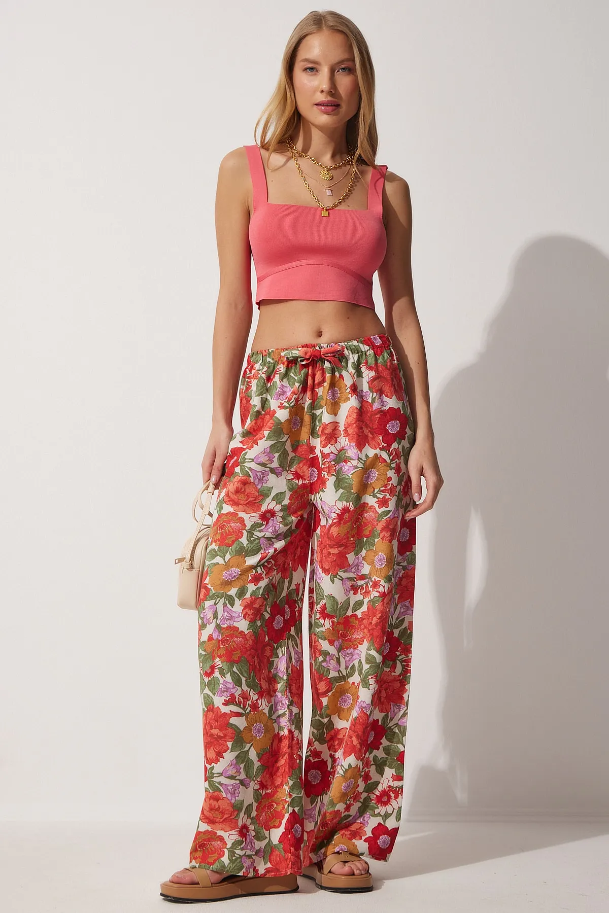Happiness İstanbul  Grün-orange geblümte Leinen-Palazzo-Hose für Damen BH00385
