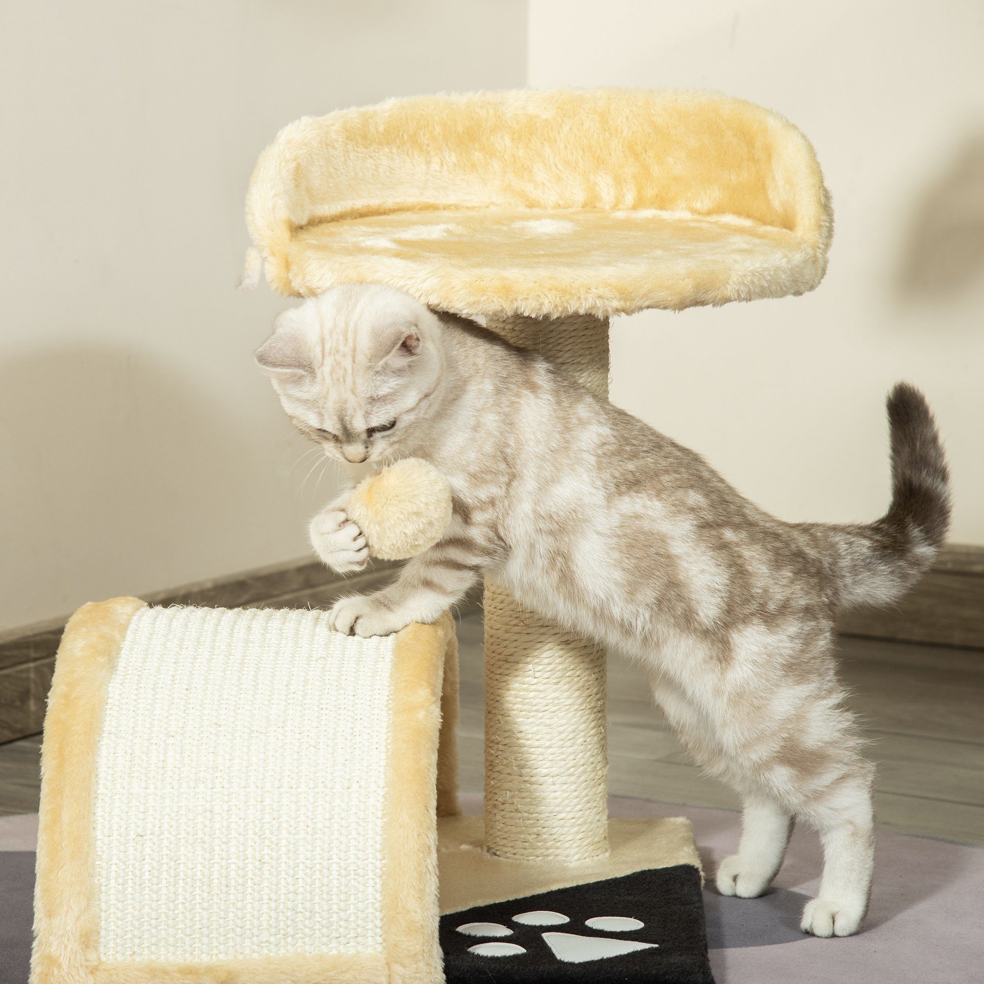 PawHut Kratzbaum Katzenbaum mit Spielbällen Sisalseil-Kratzstangen, Beige, 35.5L x 37B x 46H cm