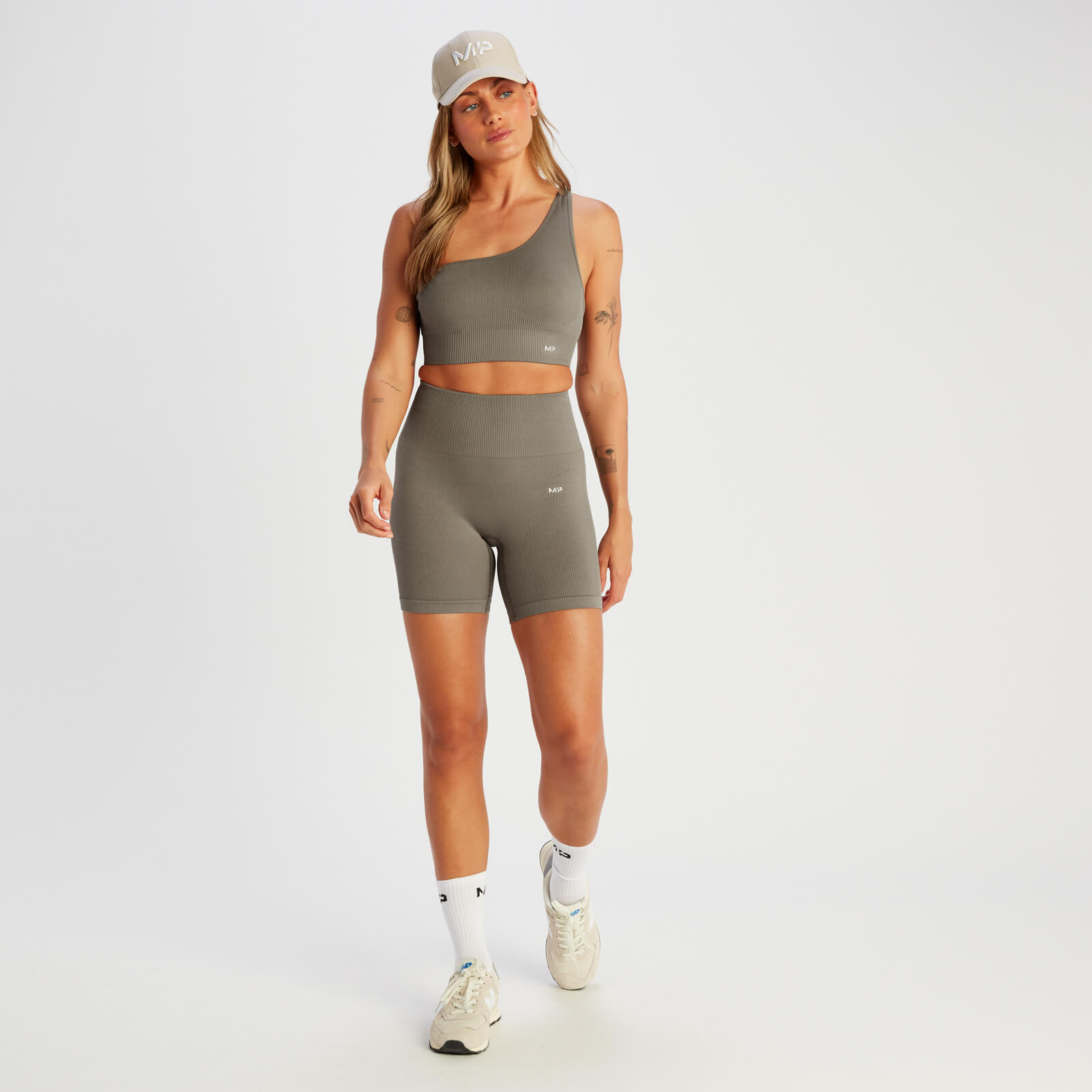 Brassière asymétrique côtelée sans coutures MP Tempo pour femmes – Taupe foncé
