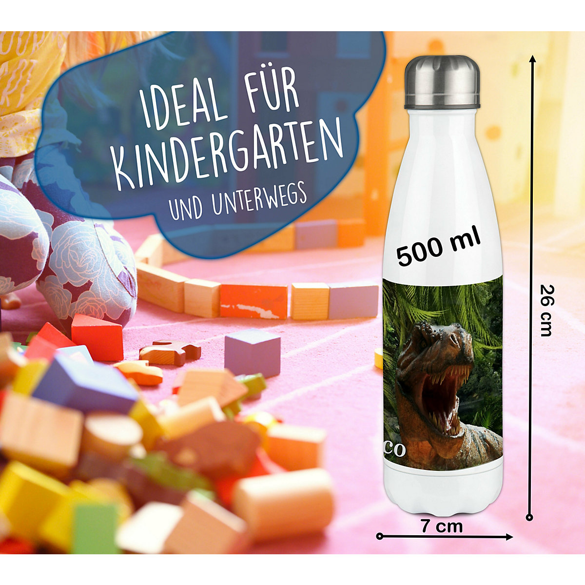 Edelstahl Kinder Thermoflasche / Trinkflasche bunt T-Rex Spülmaschinenfest, Auslaufsicher, Bruchfest, Doppelwandig, Für Heißgetränke geeignet, Mit Deckel, Isoliert
